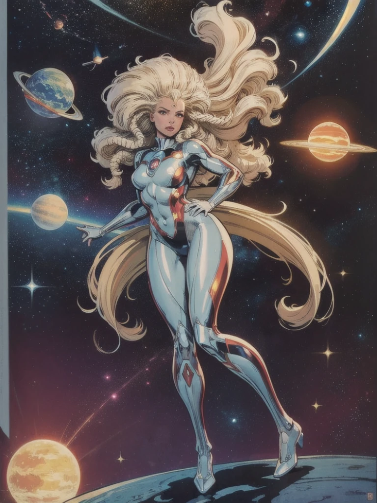 best quality, masterpiece, woman space super hero, beautiful face,full body,hi-tech armour over silver latex suit, long curly blonde hair,in deep space, with several planets and suns in the background