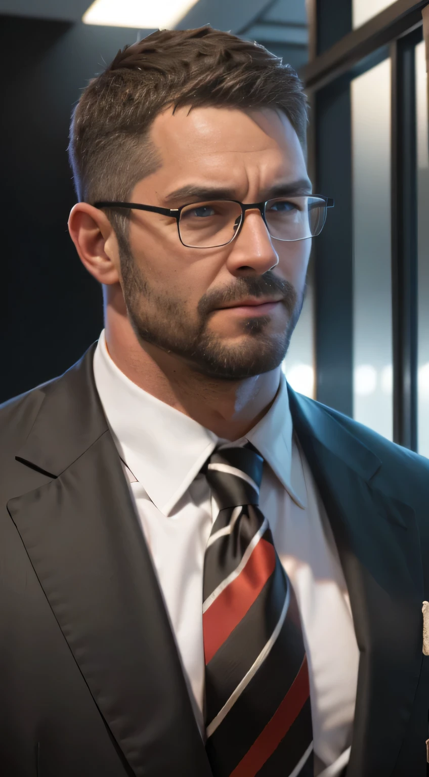 An award-winning original photo,A wild muscular man, (40 years old daddy:1.1), 1boy, Solo, (black suit), (white dress shirt), (red print necktie), (big shoulders), musculature, stubbles, Short beard, Beautiful eyes:1.3, ), (Detailed face:1.3), wearing glasses, smiles, Dynamic Angle, volumetric lighting, (Best quality, A high resolution, Photorealistic), Cinematic lighting, Masterpiece, RAW photo, Intricate details, hdr, depth of field, upper body shot