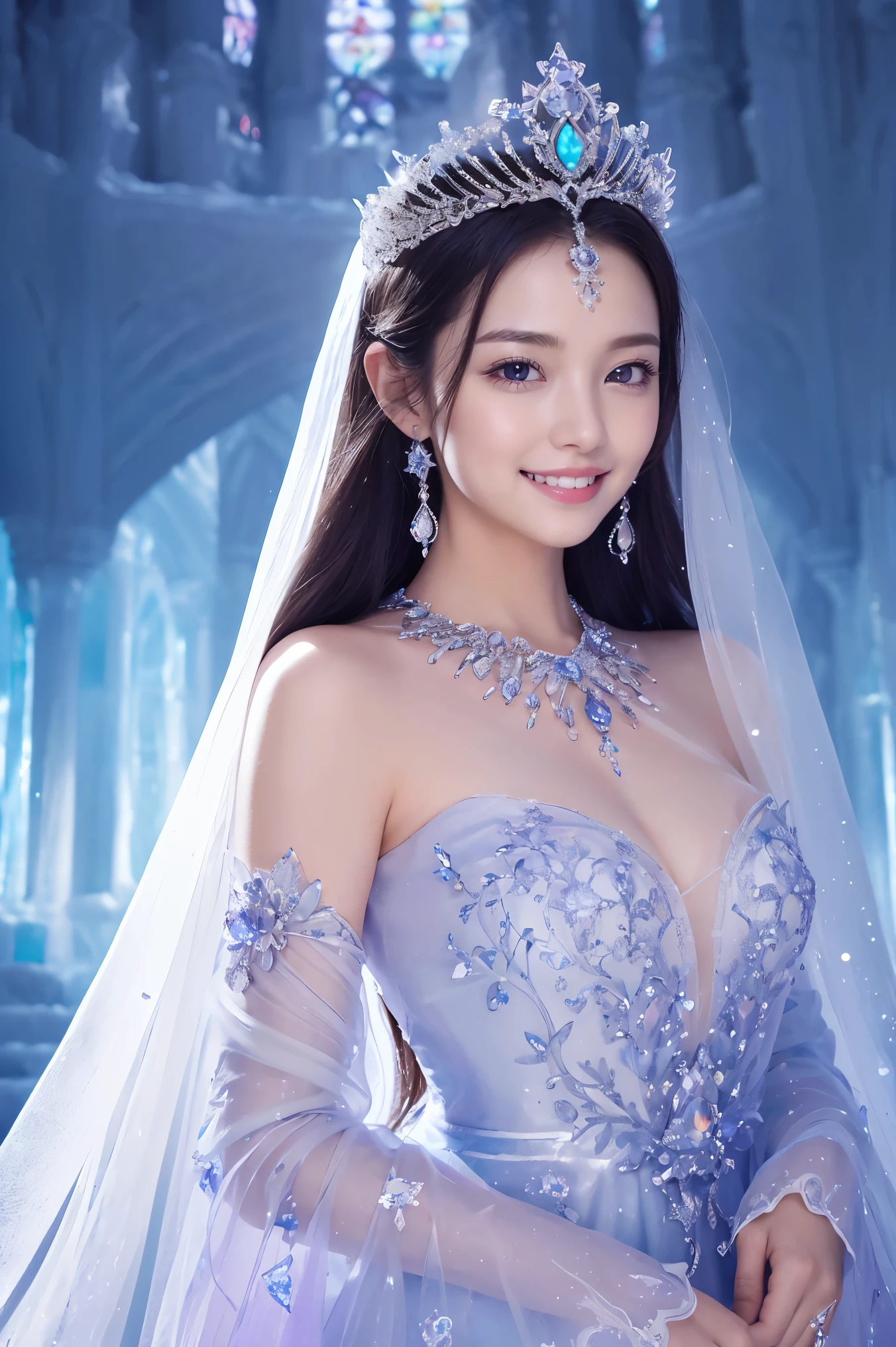 (masterpiece、highest quality、best image quality、8K、Award-winning work)、One Goddess、(the most luxurious, Sparkling, High-end giant costume:1.1)、(The most luxurious and highest quality giant tiara:1.1)、(The most luxurious and highest quality giant necklace:1.1)、(Highest grade goddess costume with beautiful purple and white gradation:1.2)、(The goddess's elaborately decorated costume shines in purple and white..:1.1)、(Highest quality goddess costume with exquisite purple and white gradation:1.1)、upper body photo、(look at me with your best smile:1.2)、big breasts、Beautiful transparent sleeves of the highest quality、(High-quality transparent sleeve with jewel decoration:1.1)、expose one's shoulders、Standing gracefully、(The most luxurious palace background made of ice:1.4)、(The most elaborate and luxurious ice palace cathedral:1.3)、(Inside the most mysterious giant palace made of ice:1.4)、(The most beautiful cathedral made of crystal clear ice:1.4)、(beautiful transparent ice:1.1)、(Mysterious fairy tale light blue fog:1.15)、The background is a detailed ice palace、beautiful ice ceiling、(Palace interior background made of intricately shining transparent ice:1.4)、(Elegant palace pillars made of ice:1.05)、the most intricate and luxurious decoration、(large amount of jewelry decoration:1.1)、最もComplex and detailed background、(Beautiful, fine, sparkling snow is falling:1.2)、fine Sparkling snow、(Tyndall effect:1.1)、Subtle Sparkling snow、epic movie lighting、perfect makeup、long eyelashes、beautiful eyeshadow、(accurate anatomy:1.1)、Natural forehead、Complex and detailed background、the most delicate shine、background with depth、low contrast、Surrounded by soft light、(body facing forward:1.1)