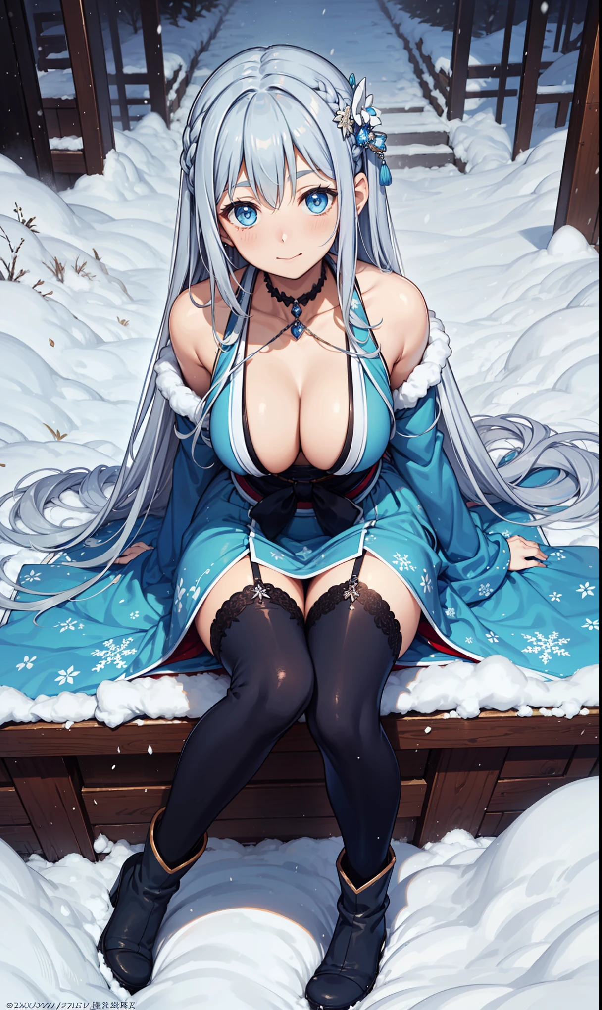saints,Attractions,having fun,in love,(Chinese fairy skirt),silver hair,blue eyes,Suitable for transparent clothes,Decoration of saints,Sky blue cloth,Snowflake pattern,Sky blue pattern,snowy night,Transparent lace,exquisite clothing,sitting position,the only person,Japanese garden,(night:1.1),snow,(Long suspender boots:1.1),Exquisite and beautiful face,sitting position,Snowstorm hits,Exquisite and beautiful eyes
