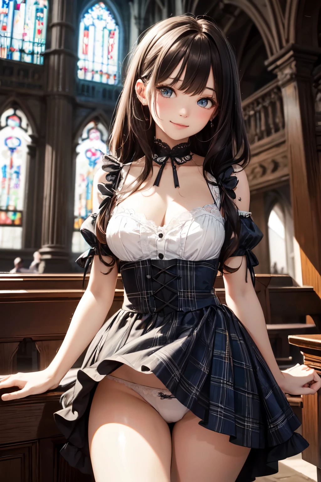 very cute and beautiful girl,(highly detailed beautiful face and eyes), (smile),blush,black hair,cowboy shot,looking at viewer,kneeling, (elegant blue plaid lolita dress with detailed frills),detailed lace,skirt lift,(white panties:1.1), altar,church,indoors, (best quality,masterpiece:1.0),absurdres,highres,ultra-detailed,extremely detailed,32k,8k resolution, intricate details,cinematic scene,detailed background,solo,dynamic angle,