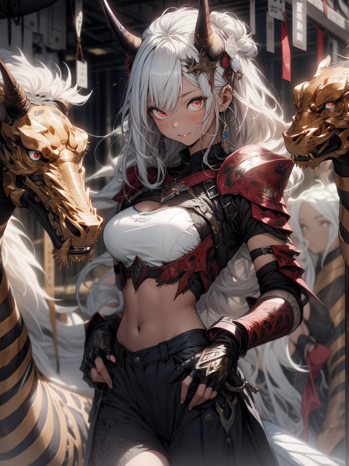 ((best quality)), ((masterpiece)), (detailed), 1 women pornstar elf dark knight, 8k_wallpaper, extremely detailed eyes, (large masterpiece digital art), (intricate details:1.3 ), (ultra-detailed:1.3), (sharp focus:1.3), (natural lighting:1.05), (vivid colors:1.3), (best quality:1.4), high quality, expressive eyes, full body, detailed face, beautiful face, perfect face, ((hair sandy white curls)), ((dark silver horns)), (gold eyes), {{gray blue skin}}, ({gray blue skinned female}), big breasts, huge chest, powerful relief muscles of the abdomen and legs, powerful strong muscles of the arms, abdominal piercings, cruel predatory and cold-blooded arrogant look, a predatory smile with many fangs, open kimono of yellow and wine silk, white croptop with transparent wet cloth, under the clothes the clear outlines of large pointed nipples with piercings in the form of crosses appear, orange wide belt with large gold yarn, torn leather pants, the outlines of a wet vagina are clearly visible, walking along the road between the houses of a destroyed village, dark cruel fantasy style,