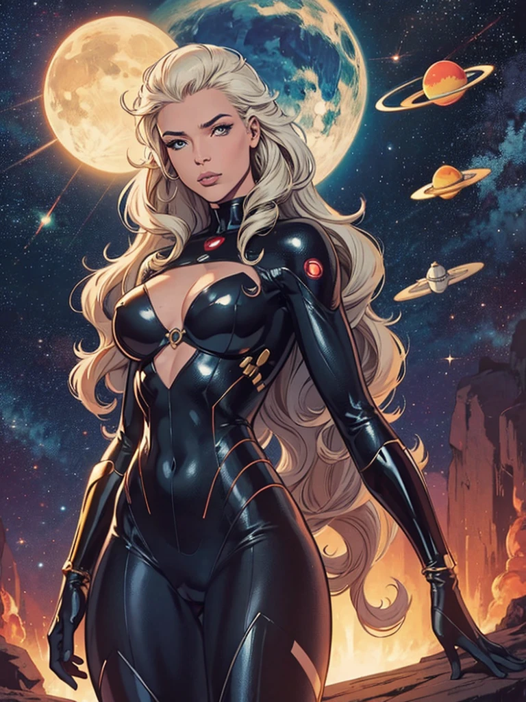 best quality, masterpiece, woman space super hero, beautiful face,hi-tech armour over silver latex suit, long curly blonde hair,in deep space, with several planets and suns in the background