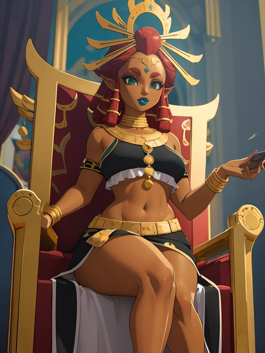 Big breasts, green eyes, dark blue lips, sitting on a throne, Riju