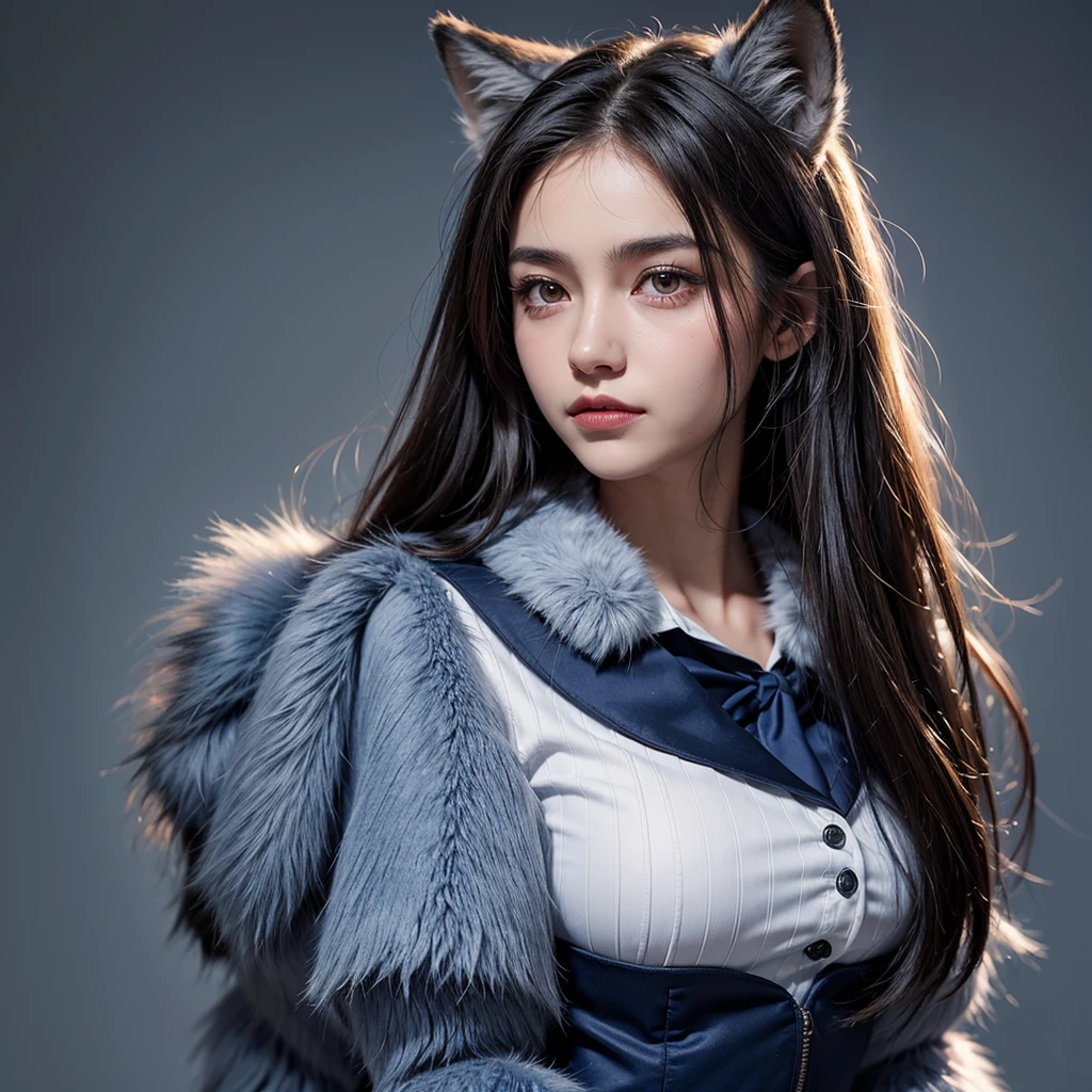 1 girl, blue fur, wolf girl, medium breasts, Uniforms, portrait, Simple background, (hairy:1.5)