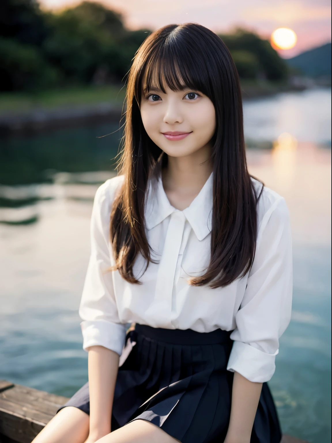 (Best Quality, High resolution, masutepiece :1.3), Pretty women, tiny chest、Constricted waist,
Against the background of a reddish sunset sky、Clouds and sun sink into the ocean, Beautiful standing in uniform、Her hair is light brown, Eta、Medium Bob Style. She wears a white blouse and pleated skirt as part of her uniform. She sits with her legs apart, And her gaze is directed to the camera. Create this scene from a low angle shot. girl、Happy smile、Autumn Outfit、lots of sakura flowers