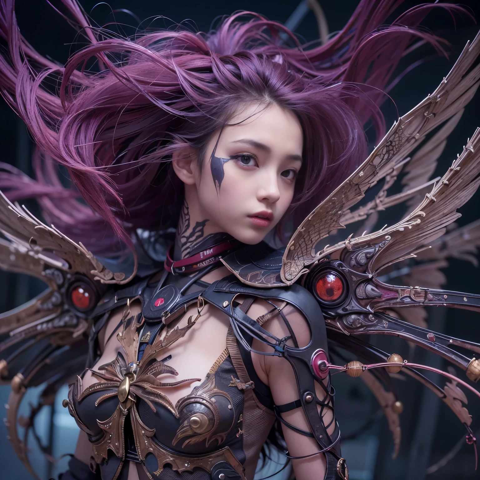 (best quality,ultra-detailed,realistic,masterpiece:1.2),girl with beautiful detailed eyes and lips in the upper body, body of a spider in the lower body, wings of a bat, partially mechanical elements, , vibrant colors, detailed rendering of the girl's hair flowing in the wind, realistic textures on the spider body, surreal lighting highlighting the mechanical parts, haunting atmosphere, dark and mysterious background