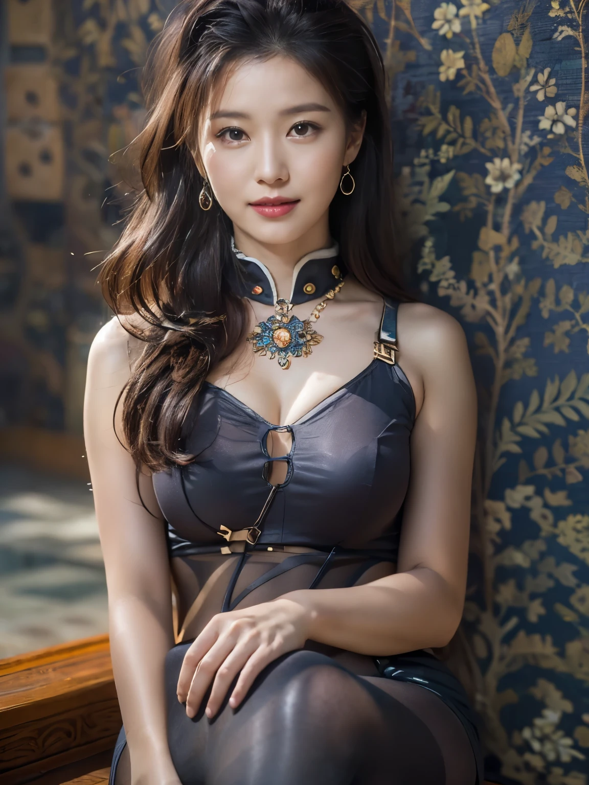 Cinematic lighting, ray tracing, film grain, depth of field, uhd, masterpiece, best quality, super detail, award winning, highres, high details, Real human skin, natural skin texture, 1girl, oval face, cheongsam, full body,big chest,indoor, (((expose thighs))), Bare thigh, nice leg, ((Breast)), A plump figure, whole body, kiss, ((blue chinesedress)), sat on the ground, smile, High heels, (sitting:1.3), Chinese furniture, vases, sense of space, light on the face, depth of field, natural light, Flowers, plants, art Deco design,Thin legs、(Upper Body:1.5)、