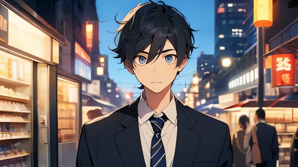 24-year-old office worker、Hair is black、He is tall、eyes are big、Eyes are black、suit figure、Refreshing、Handsome guy、night、convenience store、walking