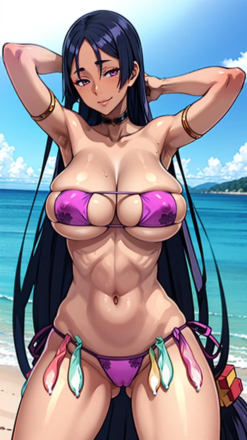 masterpiece, hmmr1, minamoto no raikou (fate), (eyepatch_bikini:1.3), purple bikini, erect_nipples, armlet, choker, collarbone, bare shoulders, ribbon, beach, cowboy shot, smirk, huge breasts, (dark-skinned female), (dark-skinned:1.8), (inner pink hair), glowing eyes, lipstick, makeup, pose, plam tree, spread legs, cleft of venus, (condom belt:1.6), (condom:1.4), (armpits), (arms behind head)