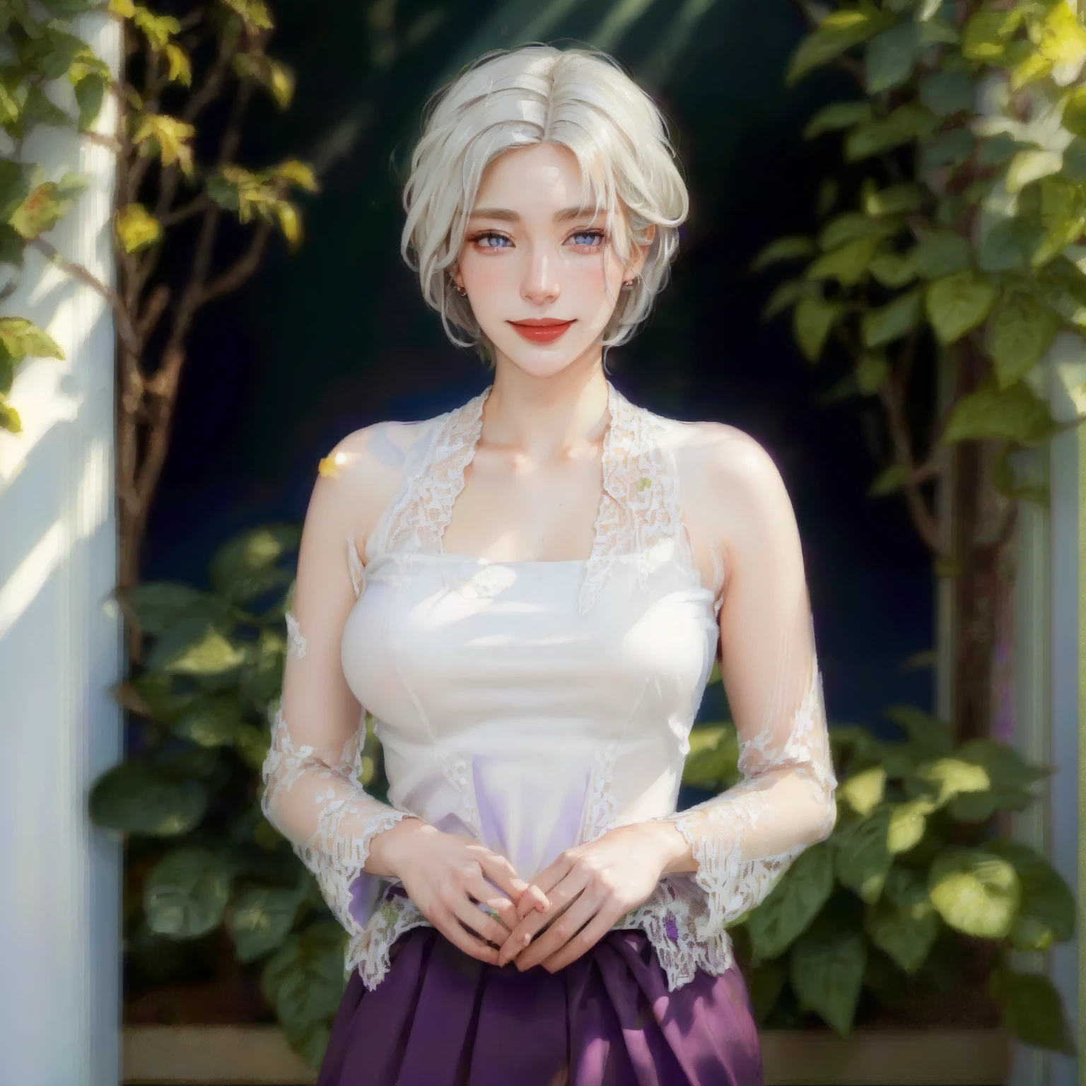 ((((masterpiece, best quality, high resolution)))), Extremely detailed 8K, Beautiful girl with voluptuous body, (Ultra HD, Ultra-detailed, Highly detailed, Highly realistic, Ultra-realistic, photograph realistic), (1girl:1.5), (Realistic white hair), short silky hair, bob cut, (dynamic poses), facing at camera, looking at viewer, (blushing red, smile), (purple eyes, sharp eyes), (big perky breasts:1.2), (beautiful detailed face, beautiful detailed eyes), ((kebaya dress, thin material)), (standing up), sweat, glow, (sunbeam, sunlight), ((cowboy shot))