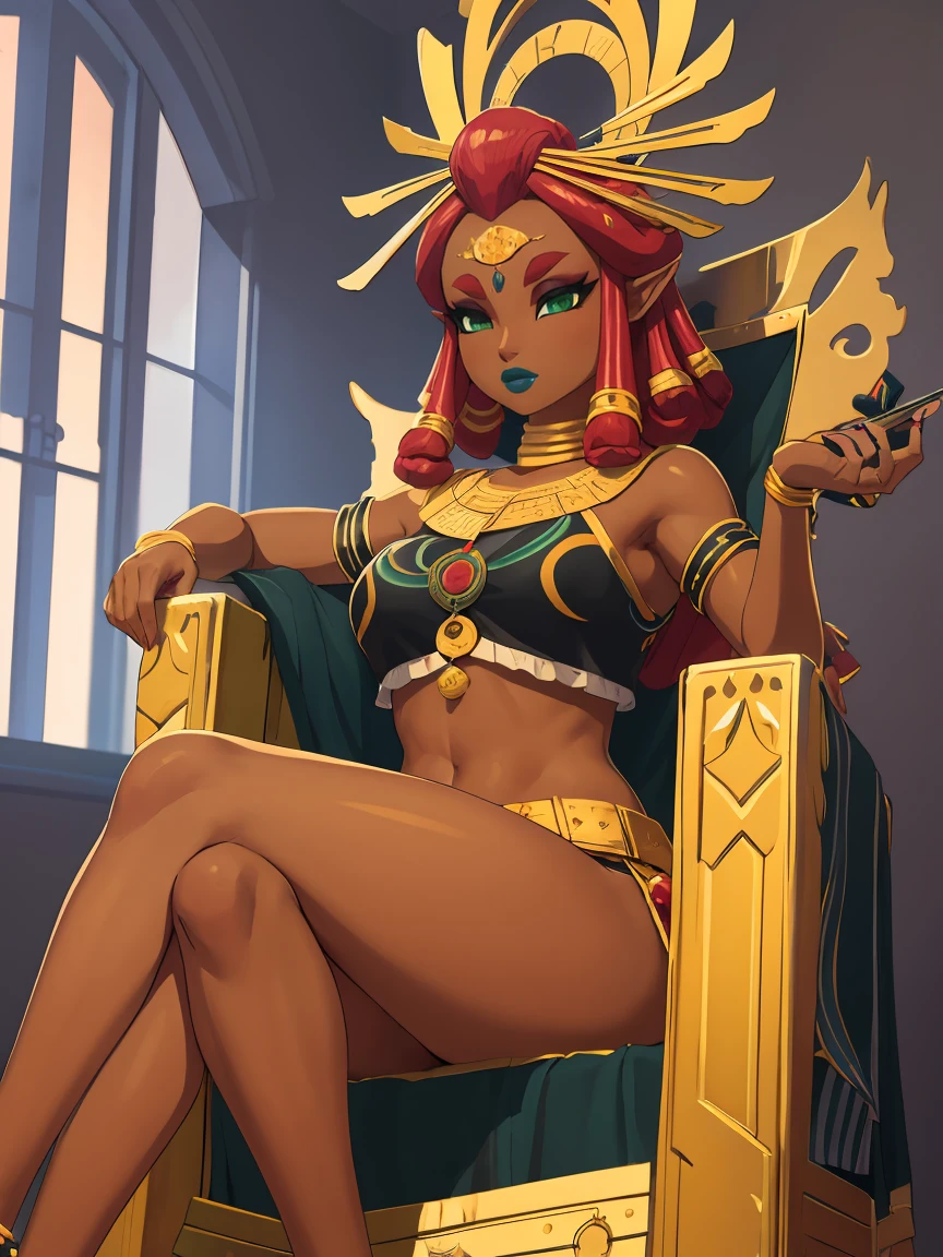 Big breasts, green eyes, dark blue lips, sitting on a throne, sexy legs, Riju