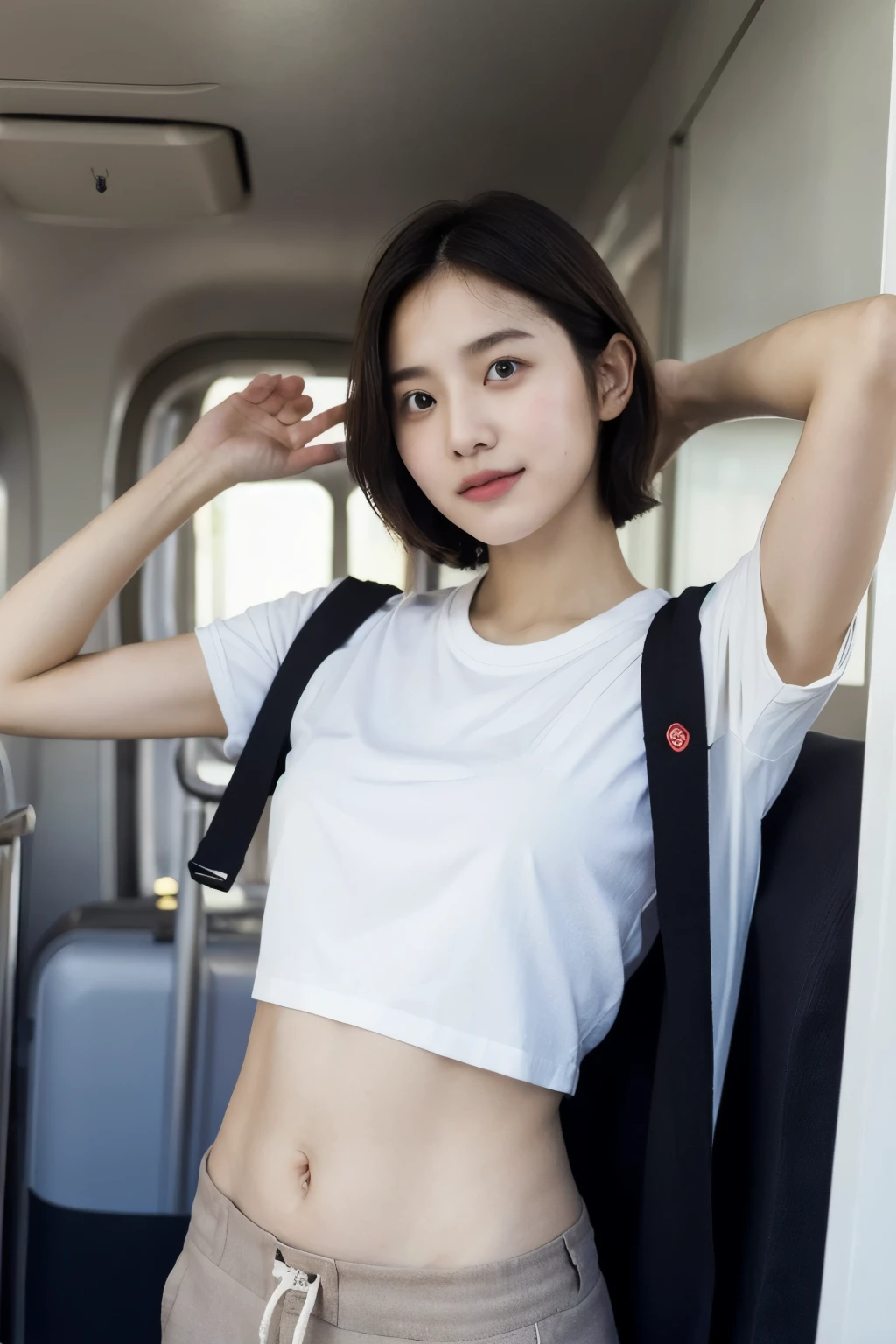 ((best quality)), ((masterpiece)), (detailed), perfect face, Airplane cabin, open shelf, shirt, navel, side view, Hurrah Pose, baggy clothes, take out luggage, arms raised, side view, closely, short hair, nipple