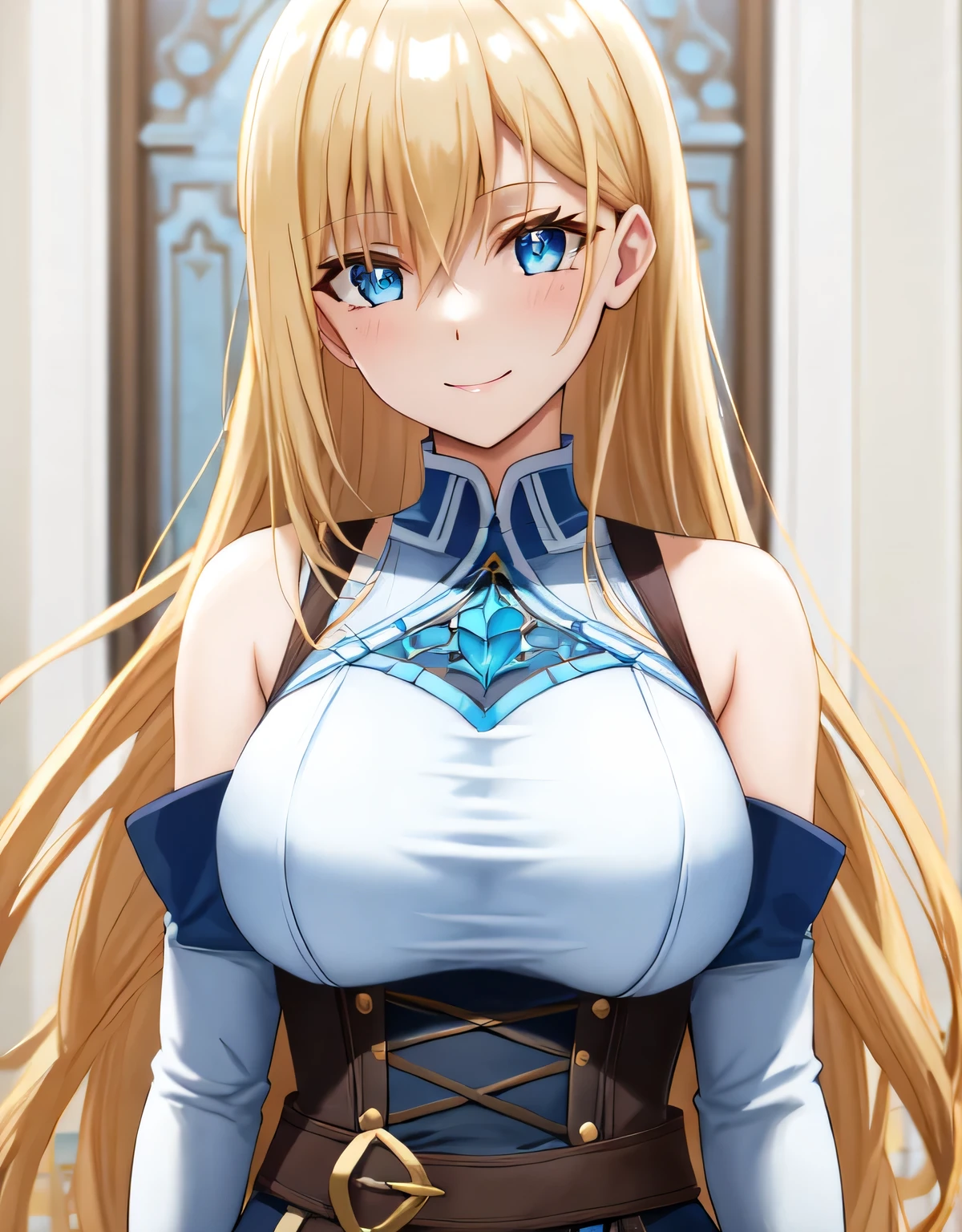 roxy hart,(large breasts:1.5),(shiny,hair),((solo)),((masterpiece)),((best quality)),perfect anatomy,slim waist,perfect image,8k UHD,(beautiful detailed eyes:1.5),extremely detailed face,standing,(upper body:1.3),(look at the front:1.5),arms behindback,ultra-detailed,absurdres,dress,indoor room,smile,blonde hair,(light blue eyes),sleeveless,
