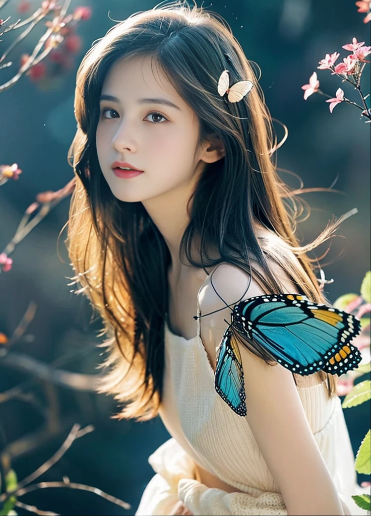 beautiful girl、Highest image quality、realistic、16K、beautif woman、long hair、chaos, elegant, Bright colors,, in the atmosphere, girl, elegant, butterfly, blooming flowers, moving, dramatic, whole body, organic composition、Very fantastical、moonlight、A look asking for a kiss