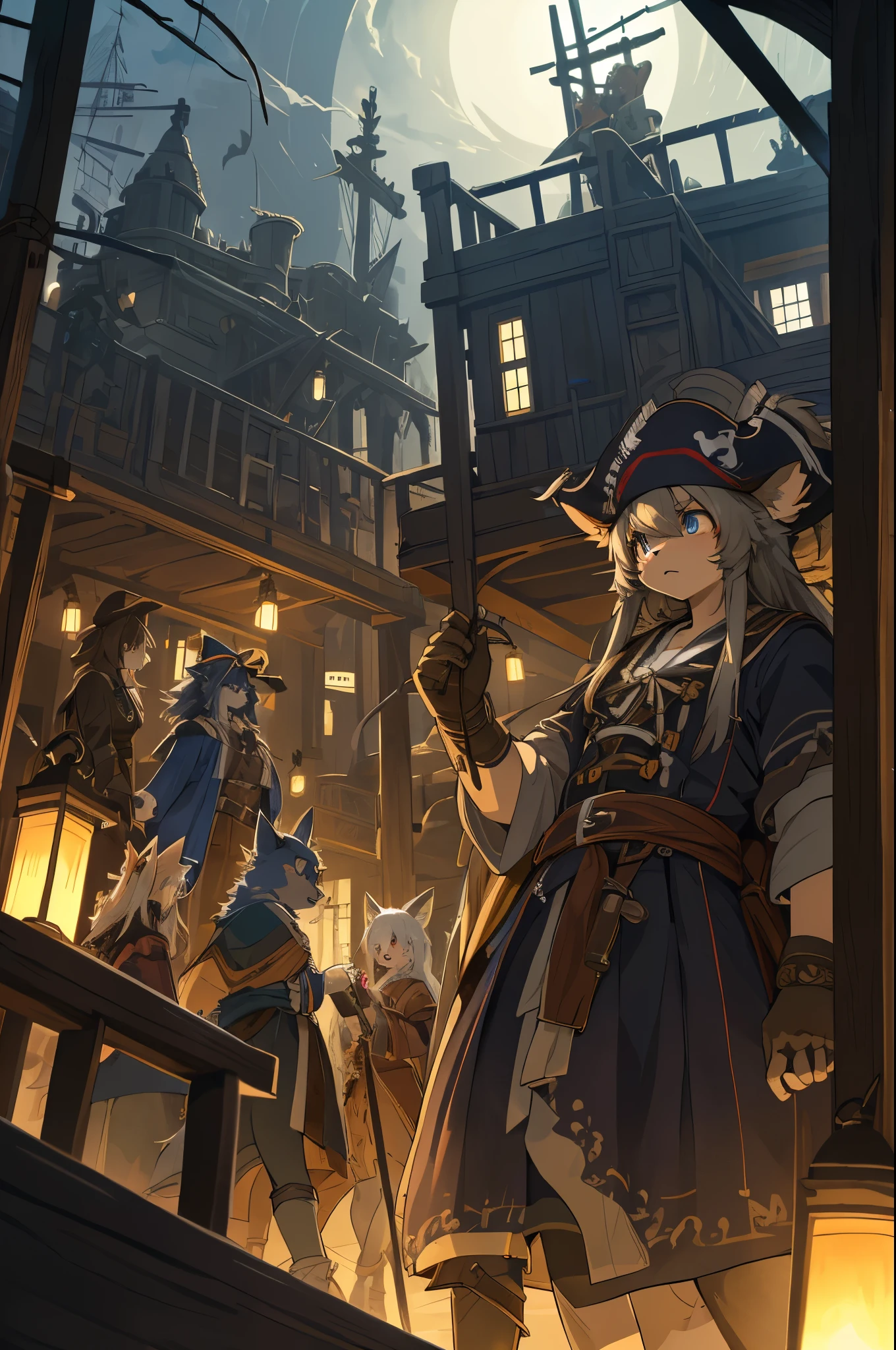 top quality, best quality, High-quality illustrations, masterpiece, super high resolution, detailed background, Hospitals with power outages, Spooky creatures, Pirate Ship, a pirate, 6+boys, 6+girls, absurdres(highly detailed beautiful face and eyes)perfect anatomy, expression, good lighting, cinematic shadow(kemono, furry anthro),