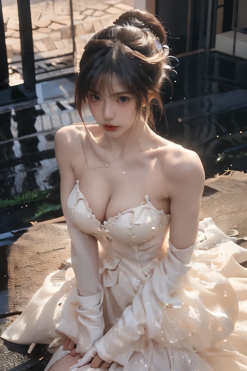 Beautiful woman with perfect body:1.4,layered hairstyle,prominent cleavage:1.5,white clothing,Highly detailed facial and skin textures,double eyelids,whiten skin,long hair,Whitened long legs,Kneel down