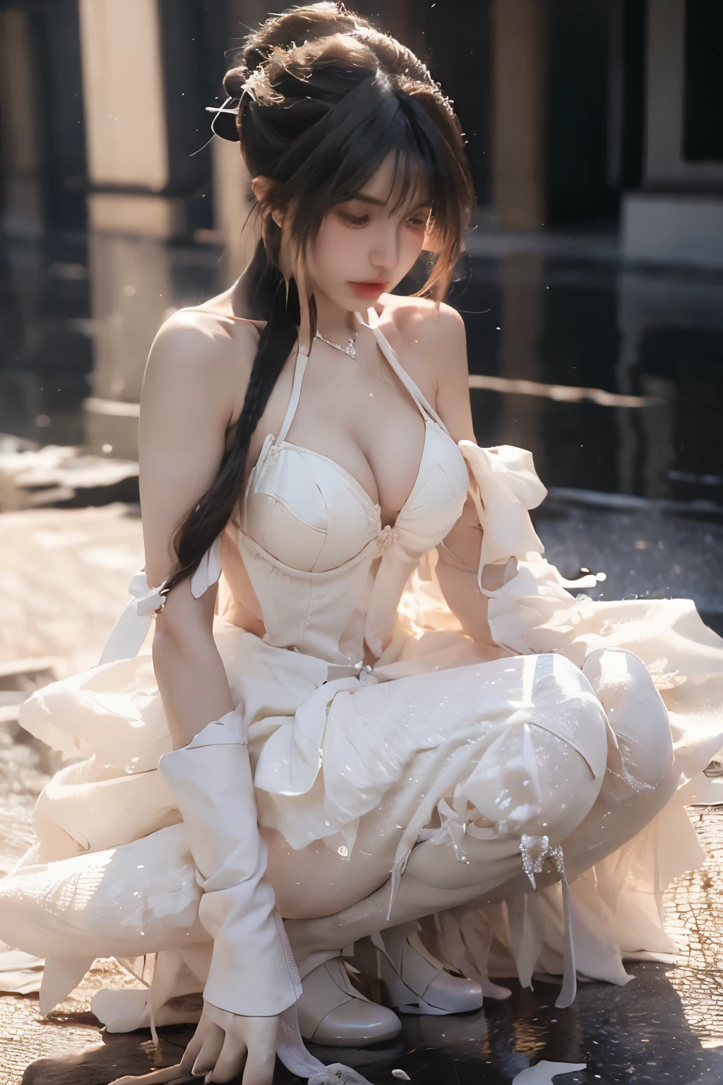 Beautiful woman with perfect body：1.4，layered hairstyle，prominent cleavage：1.5，white clothing，Highly detailed facial and skin textures，double eyelids，whiten skin，long hair，Whitened long legs，Kneel down