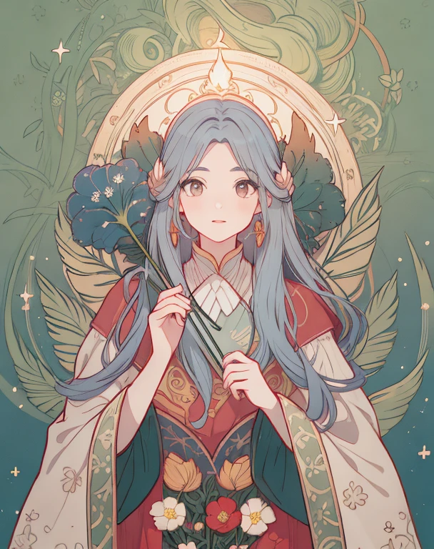 a painting of a woman with long hair and a flower in her hand, ccxl-mucha, art style, Chandra / Magic the Gathering Art / fire Flames