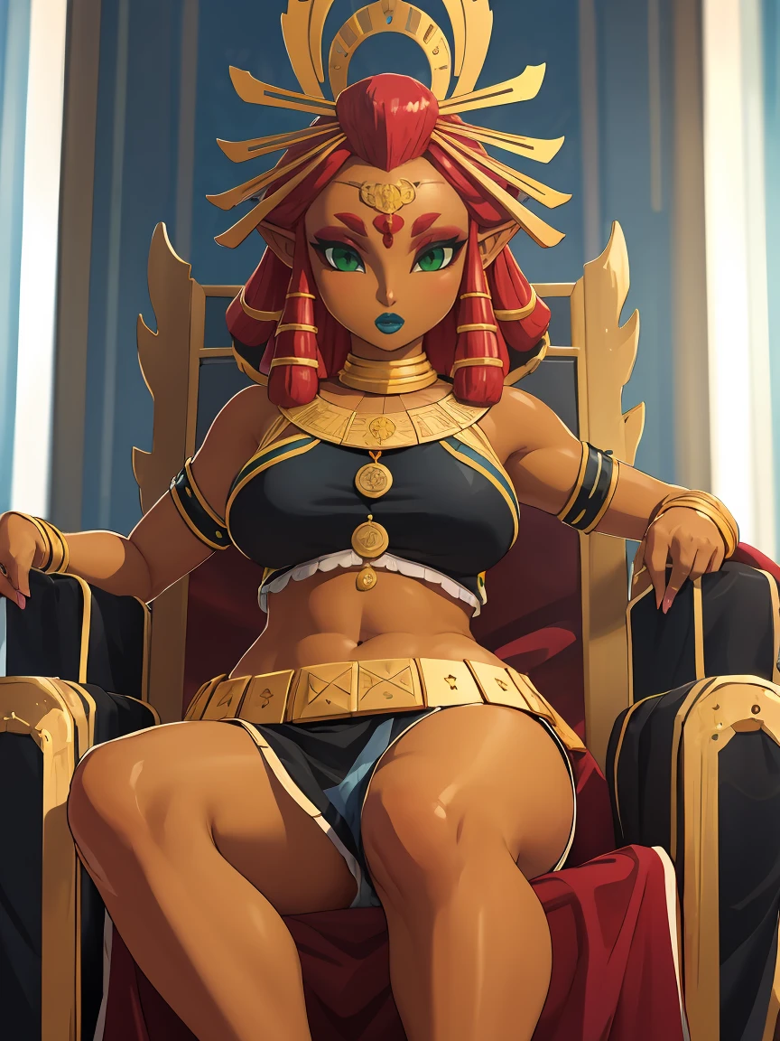 Big breasts, green eyes, dark blue lips, sitting on a throne, sexy legs, Riju