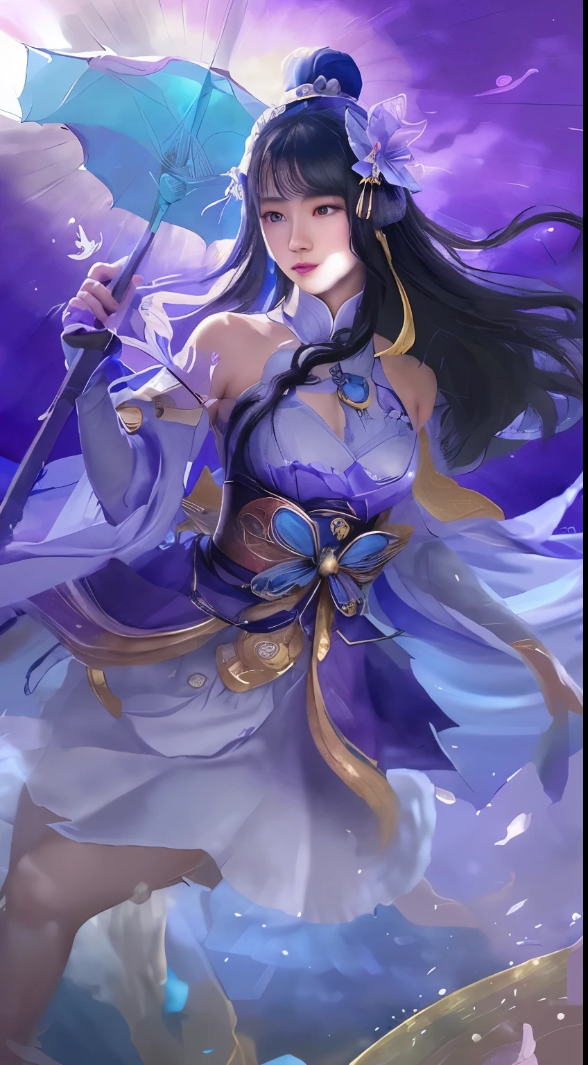 a woman in a purple dress holding a blue umbrella, beautiful celestial mage, inspired by Ju Lian, inspired by Lan Ying, inspired by Li Mei-shu, inspired by Shen Zhou, inspired by Wu Li, inspired by Qiu Ying, heise jinyao, inspired by Wu Bin, inspired by Luo Mu, extremely detailed artgerm, inspired by Pu Hua