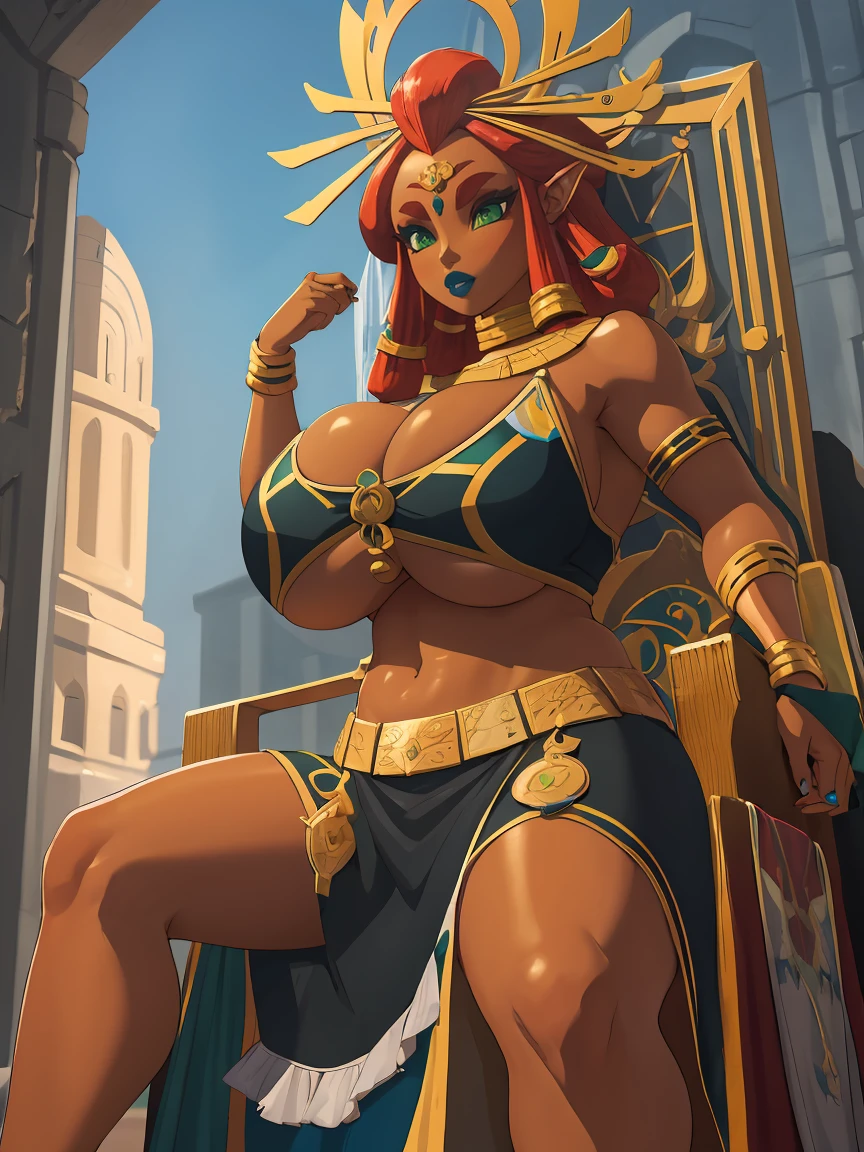 (((gigantic breasts))), green eyes, dark blue lips, sitting on a throne, Riju
