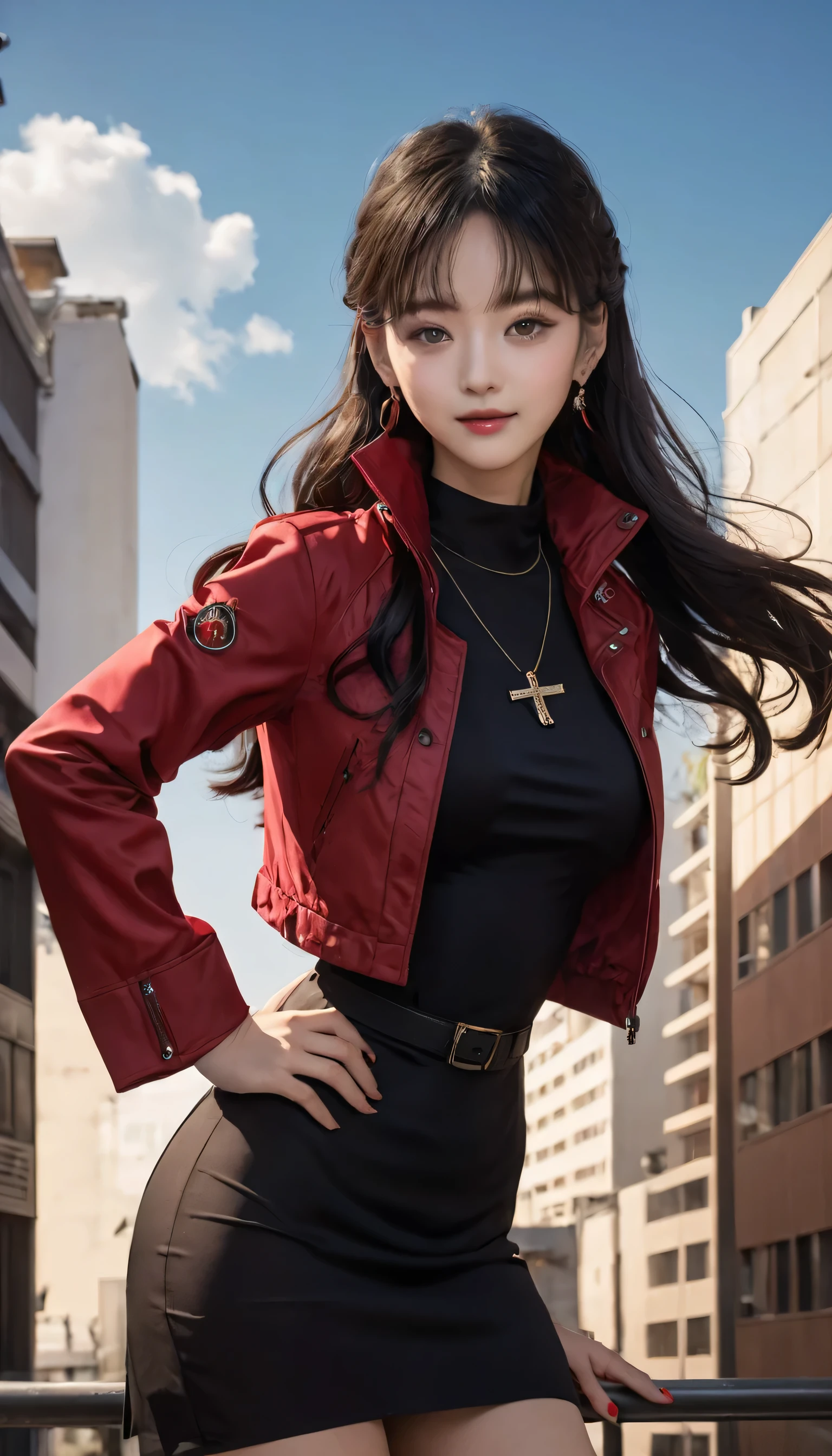 Beautiful asian woman,small face, purple hair, bangs, black inner, red shirt