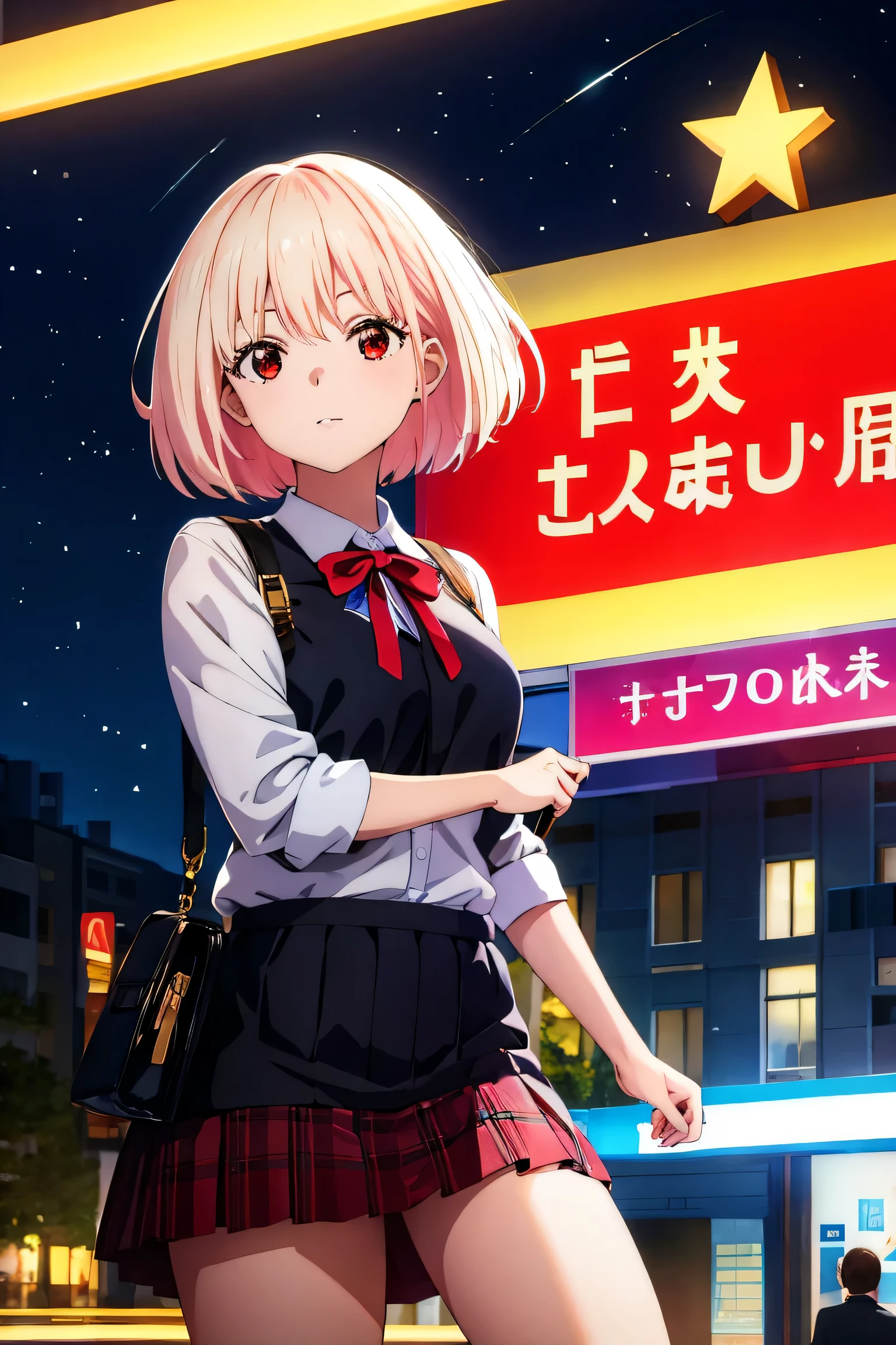 ((masterpiece)), (highest quality),
official art, very detailedCG Unity 8K wallpaper, very detailed, shiny skin, Depth of the bounds written, Bright colors,
1 girl, (crooked:0.4), (full body:0.6),
short hair, bangs, red eyes, skirt, looking at the viewer, night, street, neon, think back, star \(null\), crowd, Upper body,