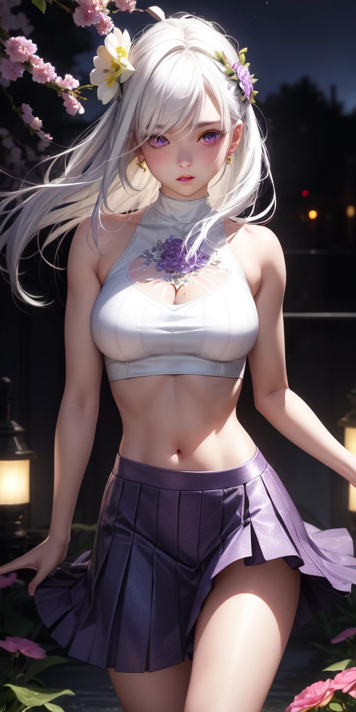 realistic, 1girl, white hair, purple eyes, glowing eyes, crop top, skirt, parted lips, blush, night, flowers, sun, sunlight,