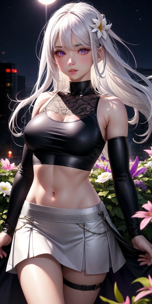 realistic, 1girl, white hair, purple eyes, glowing eyes, crop top, skirt, parted lips, blush, night, flowers, sun, sunlight,