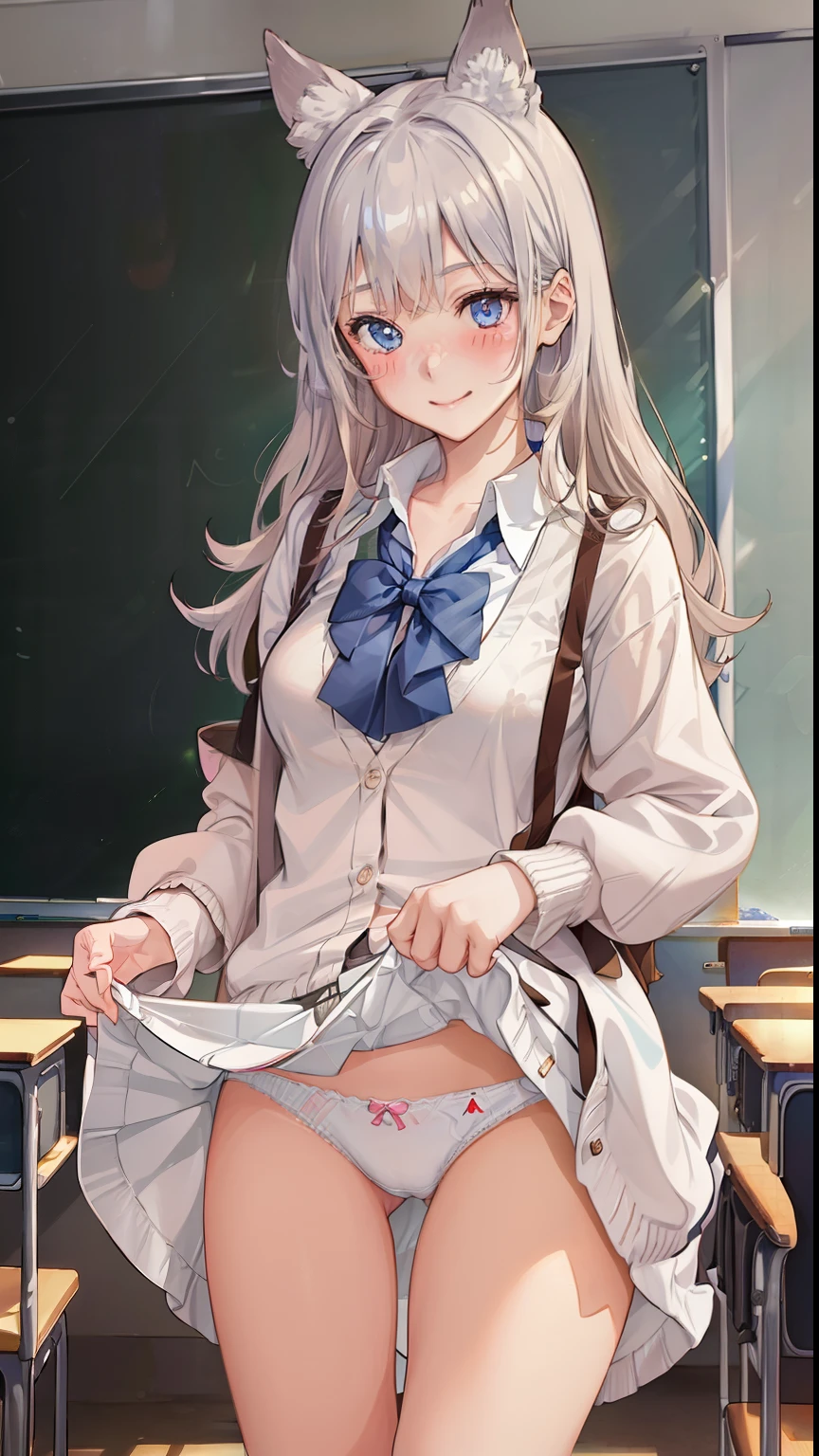 ((1 girl:1.5))、(smile:1.5)、、（cowboy shot）、(fun!!)、(white cardigan:1.5)、(dog ears)、(silver hair)、(blush:1.5)、(long hair)、(eye highlights:1.3)、blake black shoes,(黒いskirt:1.5)、bow, button, shirt with collar, long sleeve,  ((red bow tie, ,, white shirt, チェック柄のskirt:1.5、white socks)),, shirt,, skirt, socks, thighs, white shirt, Rest indoors, ((classroom:1.5))、 BREAK while watching the audience、 (perfect hands, perfect anatomy),cowboy shot、(skirtlift:1.3),(highly detailed white panties:1.3)、(highly detailed panties:1.3)、、(skirt that rolls up:1.3)、(fully exposed panties:1.5)、light blue eyes