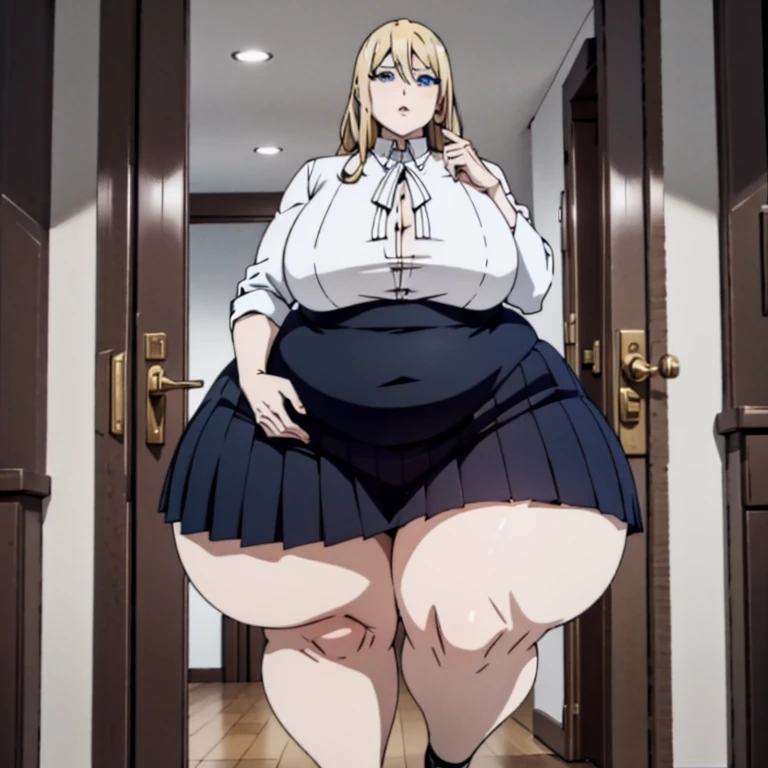 1girl, top-heavy figure, ((((incredibly big chest)))), (((()))), (((saggy chest))), pout, embarassed, wide, (((obese))), (((fat))), ((love handles)), double chin, out of shape, obese, fatty, tall woman, (milf), beight, mature, stanfull body, bbw, ssbbw,, HyasaAi, blonde hair, blue eyes, very long hair, pleated skirt, white shirt, blue skirt