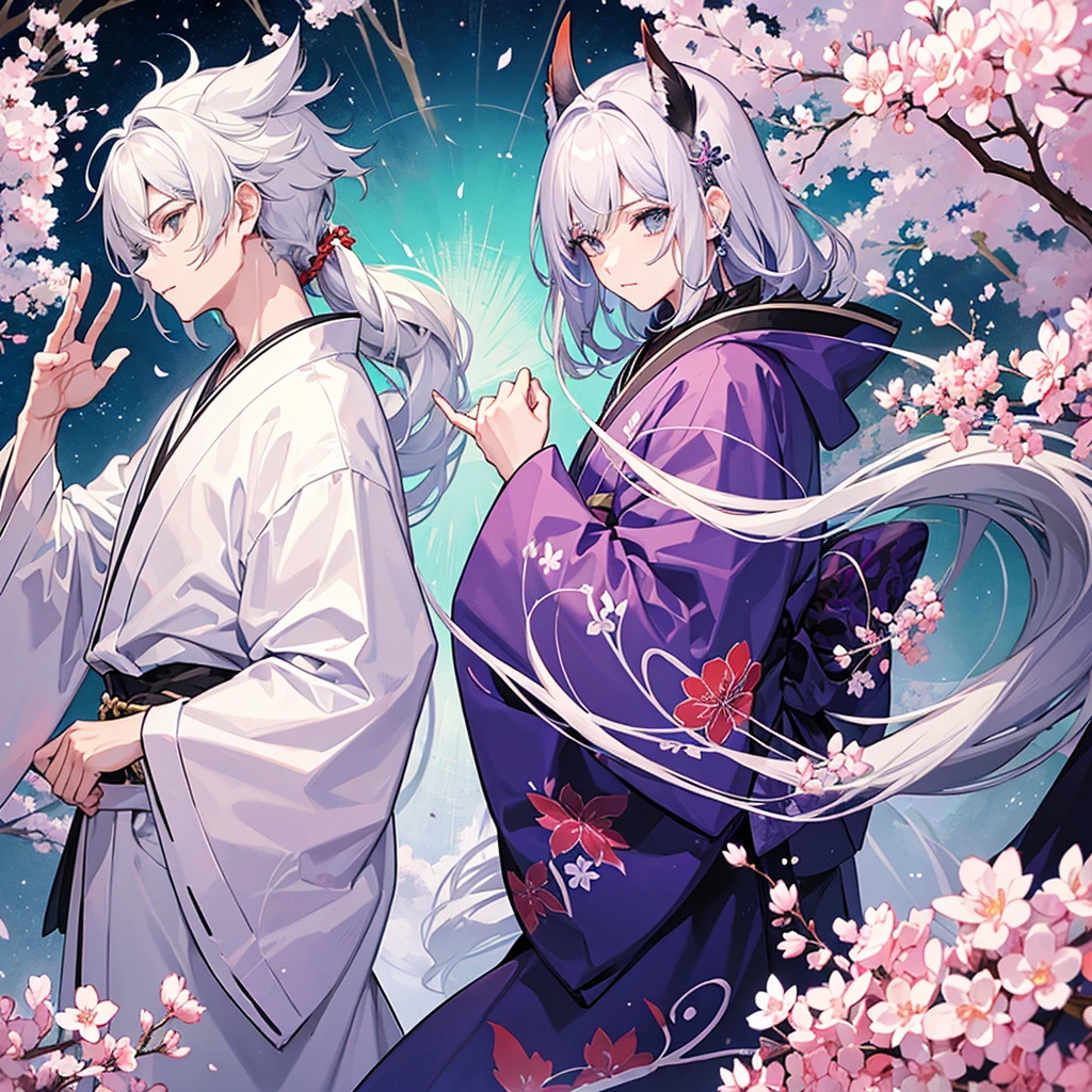 Homen com cabelos brancos e roxo claro com um Kimono branco e duas caldas roxas, olhos roxo, semblante calmo, e orelhas de raposa,