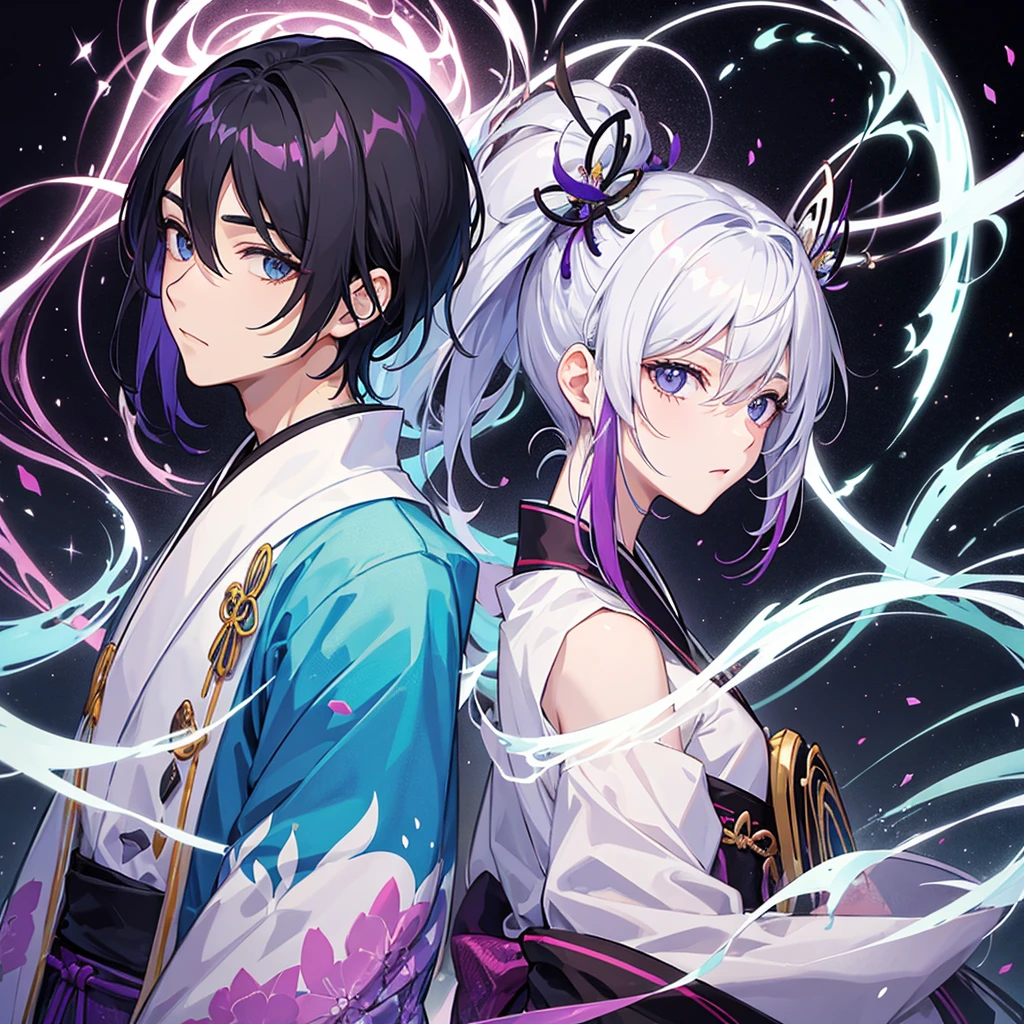 Homen com cabelos brancos e roxo claro com um Kimono branco e duas caldas roxas, olhos roxo, semblante calmo, e orelhas de raposa, 