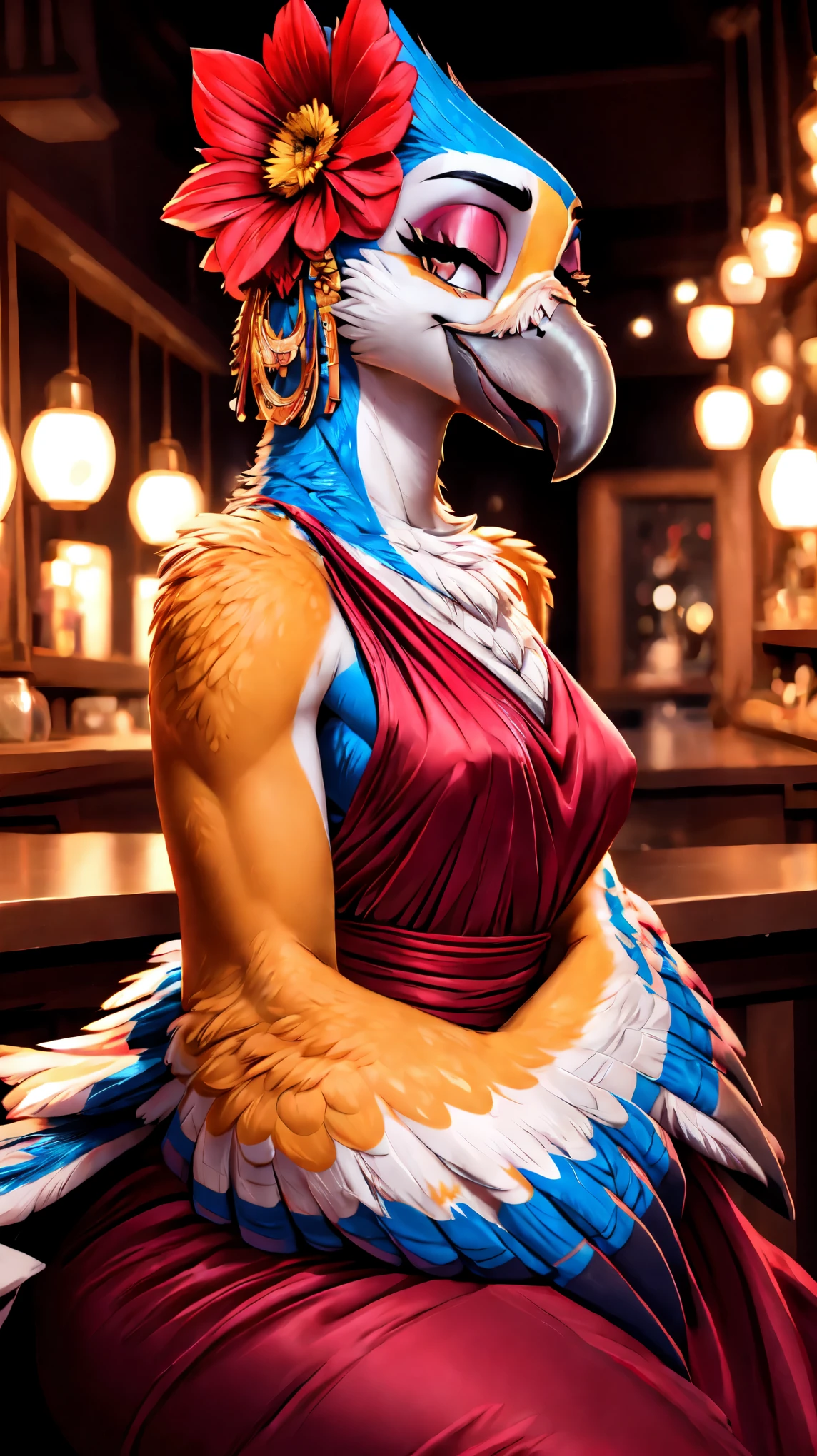 (((chibi))),((jewelry)),((full body)),(((anthro rito))),(((Bar))),((Lover-like relationship)),((racy Dress)),smile,((flower hair ornament)),female, ((((winged-arms)))),((sitting)),((wine bottle)),portrait, Medium breasts, beak,cute,Super high quality,masterpiece,heart shaped pupils,(highest quality,4k,8K,High resolution,masterpiece:1.2), Super detailed, HDR, UHD, studio lightning, ultra-fine goodinting, sharp focus, Physically based rendering, extrine detail description, Professional, Bright colors, Bokeh, (in) you bring, landscape, photograph, concept artist (Style), (with) vibrant color goodlette, (good) soft lighting