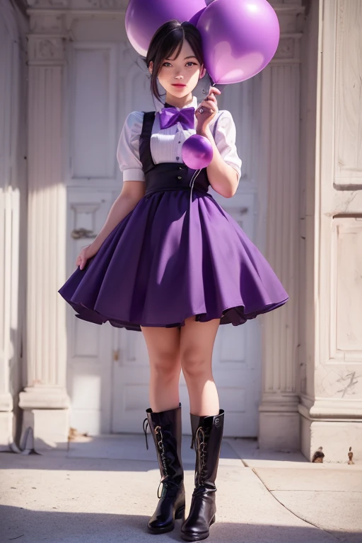 balloon seller girl, a ************ girls, (((she is having a  purple balloon))) , real photo, (((full body))), (looking down at me),  bob hair, big ribbon on he hair, (apron, leather dress, boots), 