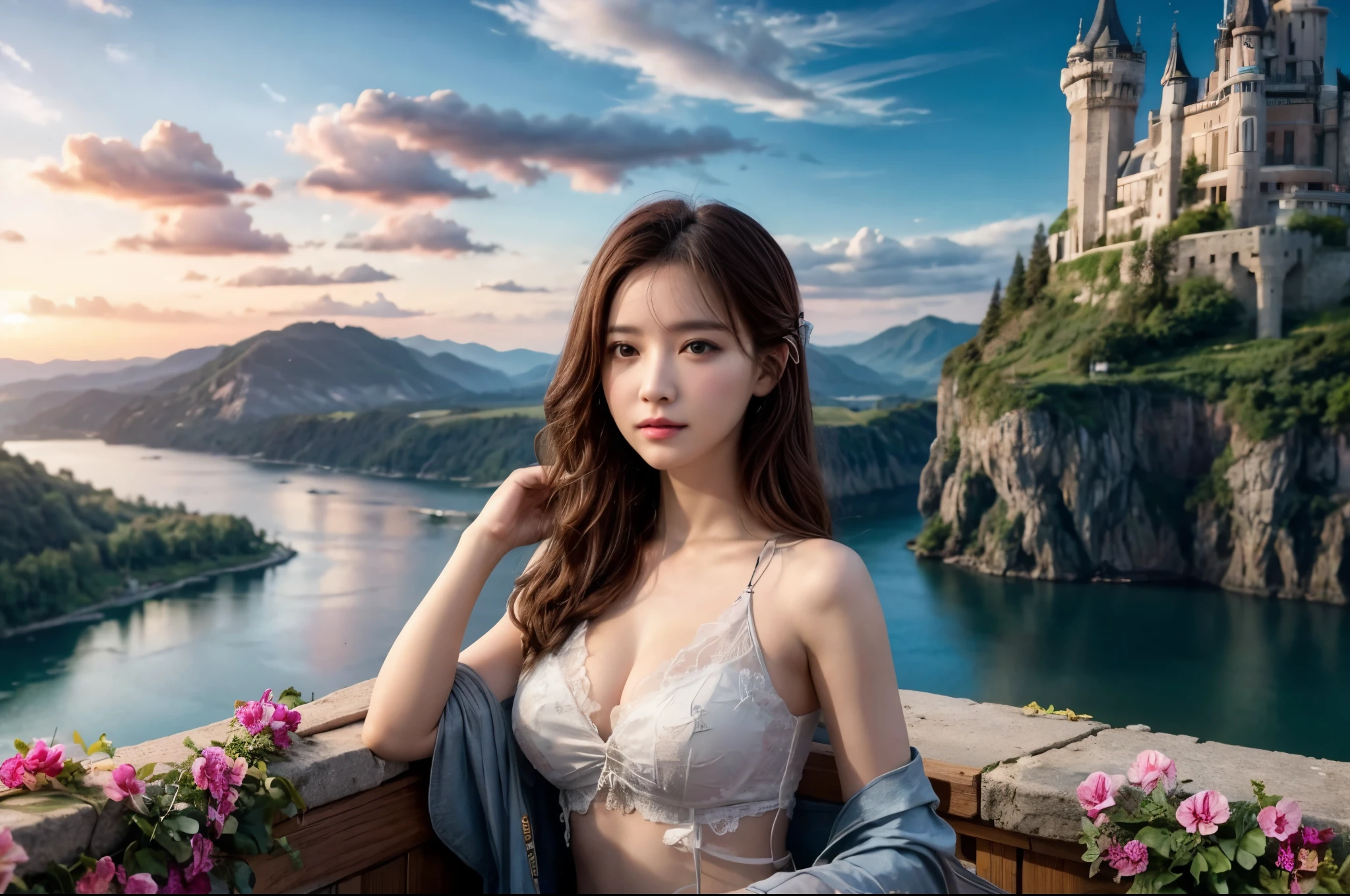 table top, 最high quality, high quality, very detailed CG ユニット 8k 壁紙, landscape, outdoor, sky porn, cloud, Day, great medieval castle, there are no humans, Mont, landscape, water, wood, blue sky, waterfall, cliff, nature, lake, river, village, autumn, cloudy sky, colorful flowers, Award-winning photo, Bokeh, Depth of the bounds written, nffsw, bloom, chromatic aberration, realistic, very detailed, art station trends, CG Society Trends, Complex, high detail, dramatic, mid-journey art
