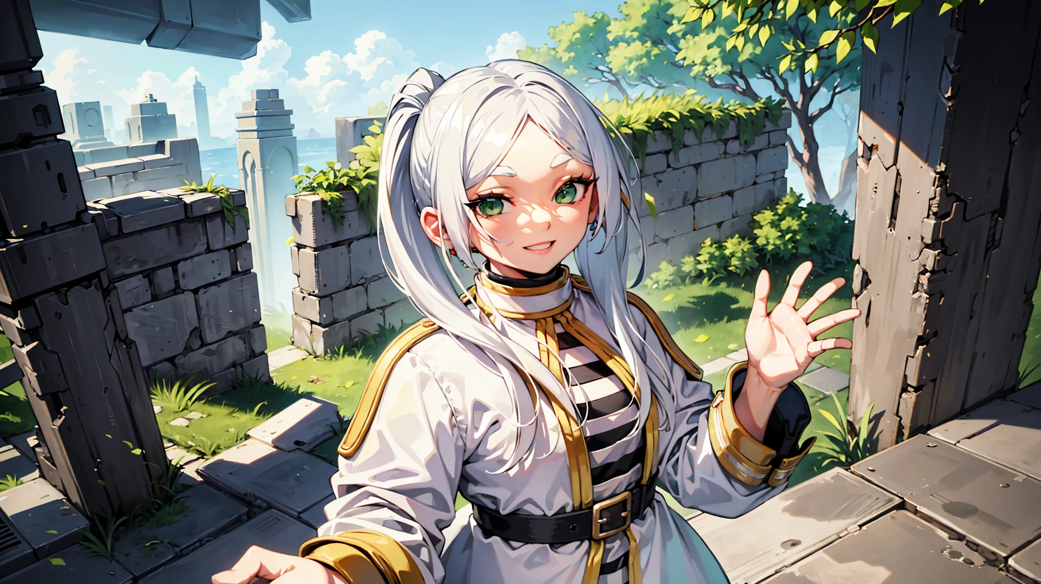 white hair, green eyes, waving at me, ruins around, green background, in her twienties, white uniform with black stripes, very beautiful face, aesthetic face, smiling