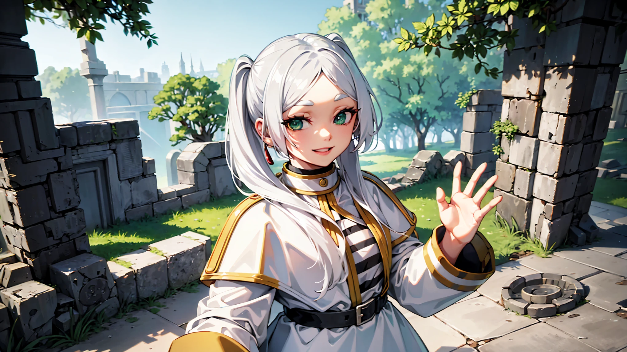 white hair, green eyes, waving at me, ruins around, green background, in her twienties, white uniform with black stripes, very beautiful face, aesthetic face, smiling