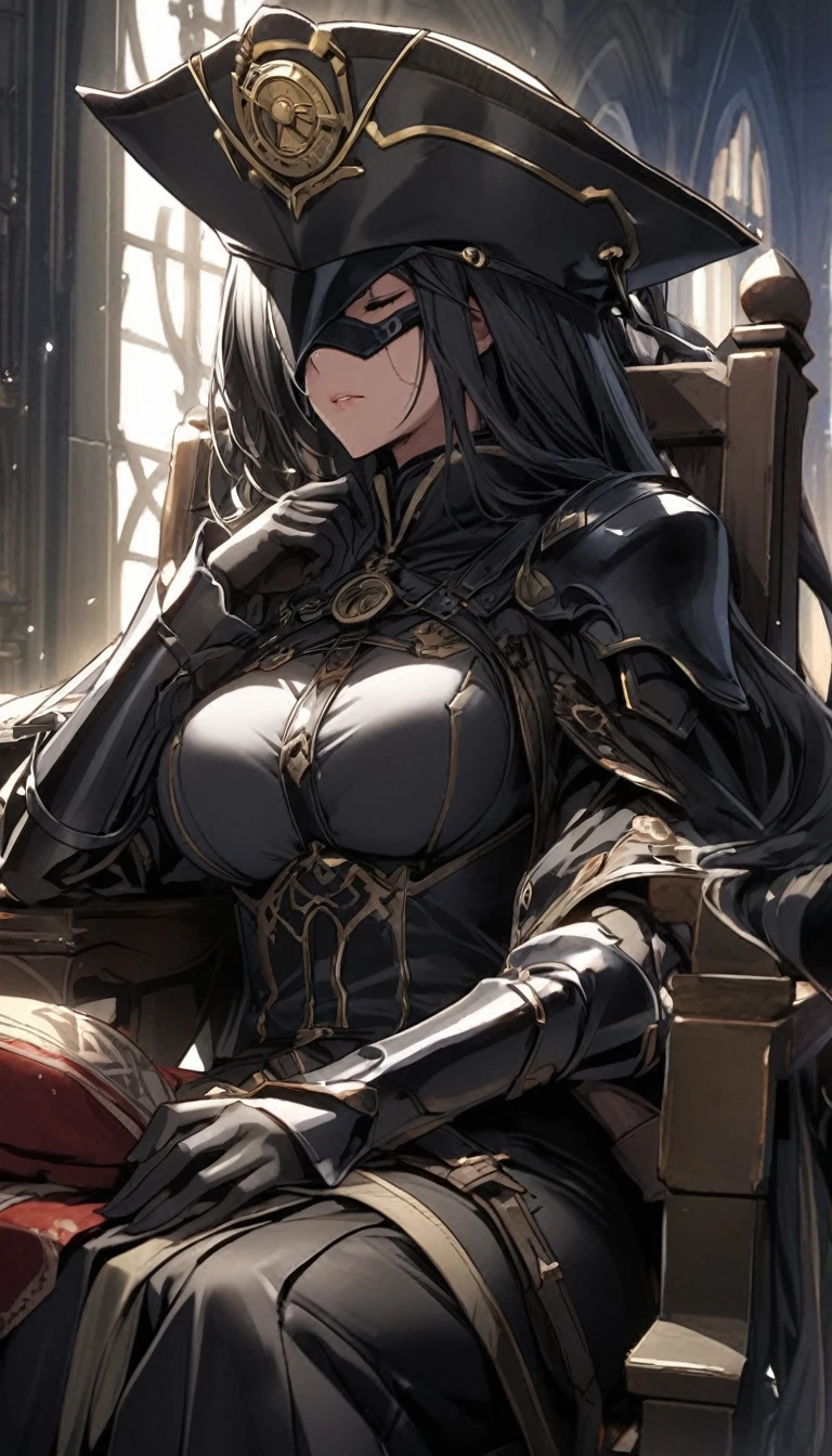 Lady Maria of the Astral Clock Tower
partial armor
big breasts
black rose sword
black tricorn hat
black mask
Chair
sleeping
