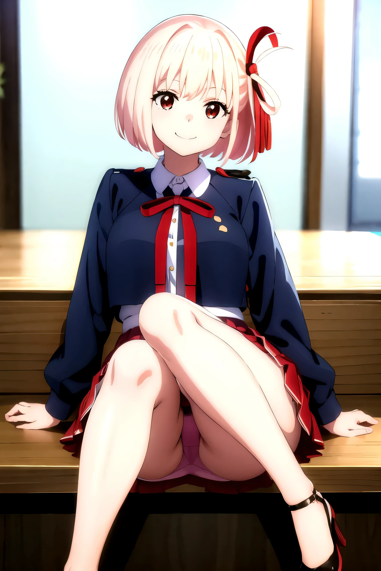 ((masterpiece)), (highest quality),Senzoku Nishikigi、
official art, very detailedCG Unity 8K wallpaper, very detailed, shiny skin, Depth of the bounds written, Bright colors,
1 girl, (crooked:0.4), (full body:0.6),Sitting with legs apart、Short hair with open legs, bangs, red eyes, skirt, looking to the side, Licorice Uniform、panties、red ribbon、smile