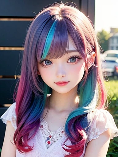 small face、 )Super detailed,bright colors, very beautiful detailed anime face and eyes, look straight, shiny_skin,girl, (((rainbow colored hair, colorful hair, Half blue、half red hair: 1.2))), 、shiny hair, delicate beautiful face, blush、Glasses、(turquoise eyes), , Valletta, earrings,、(flower garden、sunset)、((light red、translucent、short sleeve、lace blouse))、(twin tails)、(smile、happy face、face dyed red)、cheerful pose、dynamic、Upper body