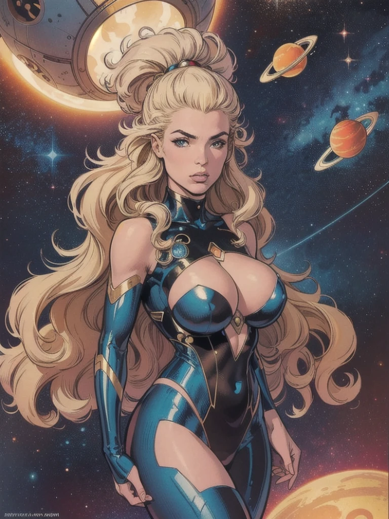 best quality, masterpiece, woman space retro futirism, beautiful face,hi-tech armour over silver latex suit, long curly blonde hair,in deep space, with several planets and suns in the background