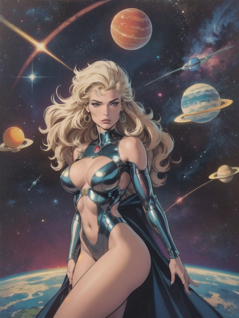 best quality, masterpiece, woman space retro futirism, beautiful face,hi-tech armour over silver latex suit, long curly blonde hair,in deep space, with several planets and suns in the background