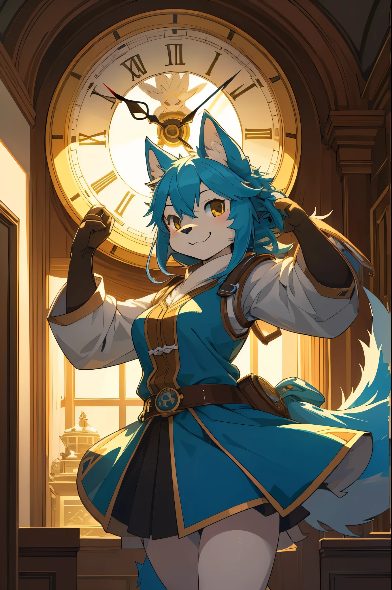 cover page, highres, top quality, best quality, paid reward available, unparalleled masterpiece, perfect artwork, absurdres, High-quality illustrations, super high resolution, detailed background, perfect anatomy(1girl, kemono, furry anthro, fearless smile, reach for the clock) in room with clock, fantasy artwork, cinematic lighting, Backlight,