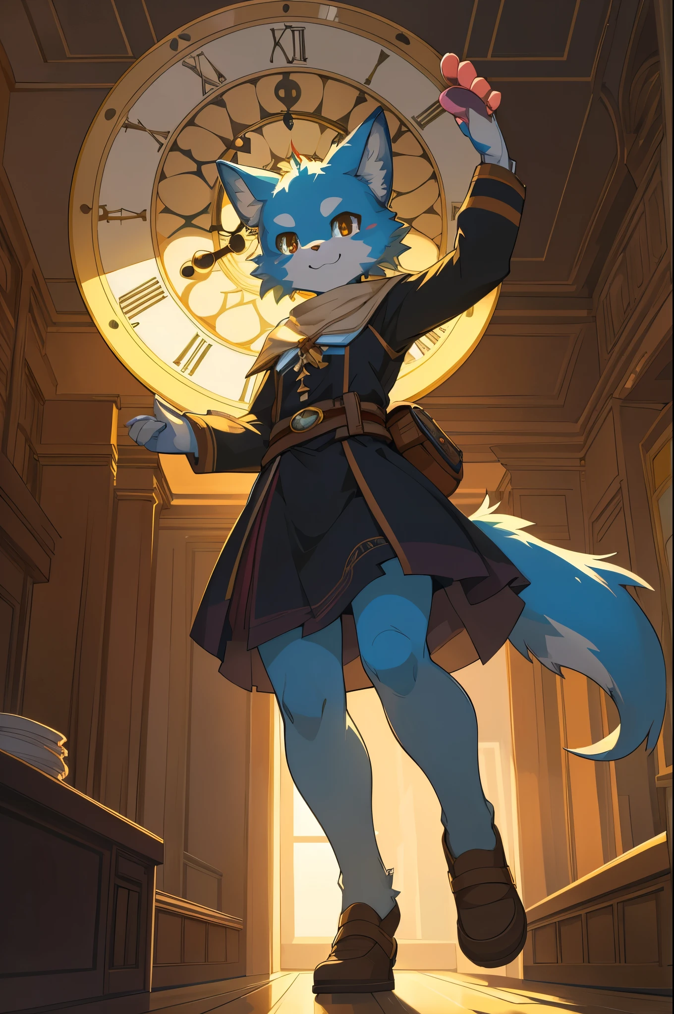 cover page, highres, top quality, best quality, paid reward available, unparalleled masterpiece, perfect artwork, absurdres, High-quality illustrations, super high resolution, detailed background, perfect anatomy(1girl, kemono, furry anthro, fearless smile, reach for the clock) in room with clock, fantasy artwork, cinematic lighting, Backlight,