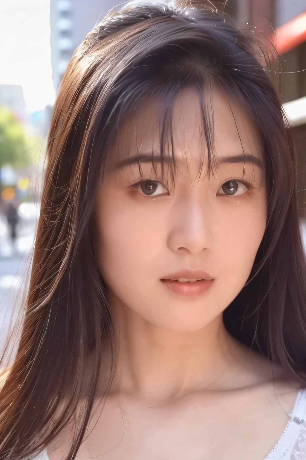 NSFW:1.5,((highest quality、8K resolution、master masterpiece、portrait:1.3)), Photoreal, 35mm film, 1 Japanese female, Upper body、on the street during the day, wrinkles around the eyes、plump body、long hair_bangs、smile,((white bra_panties:1.3)) , (outdoor:city street 1.3), jumbled background,look at the audience,Tokyo cityscape:1.3,close your mouth