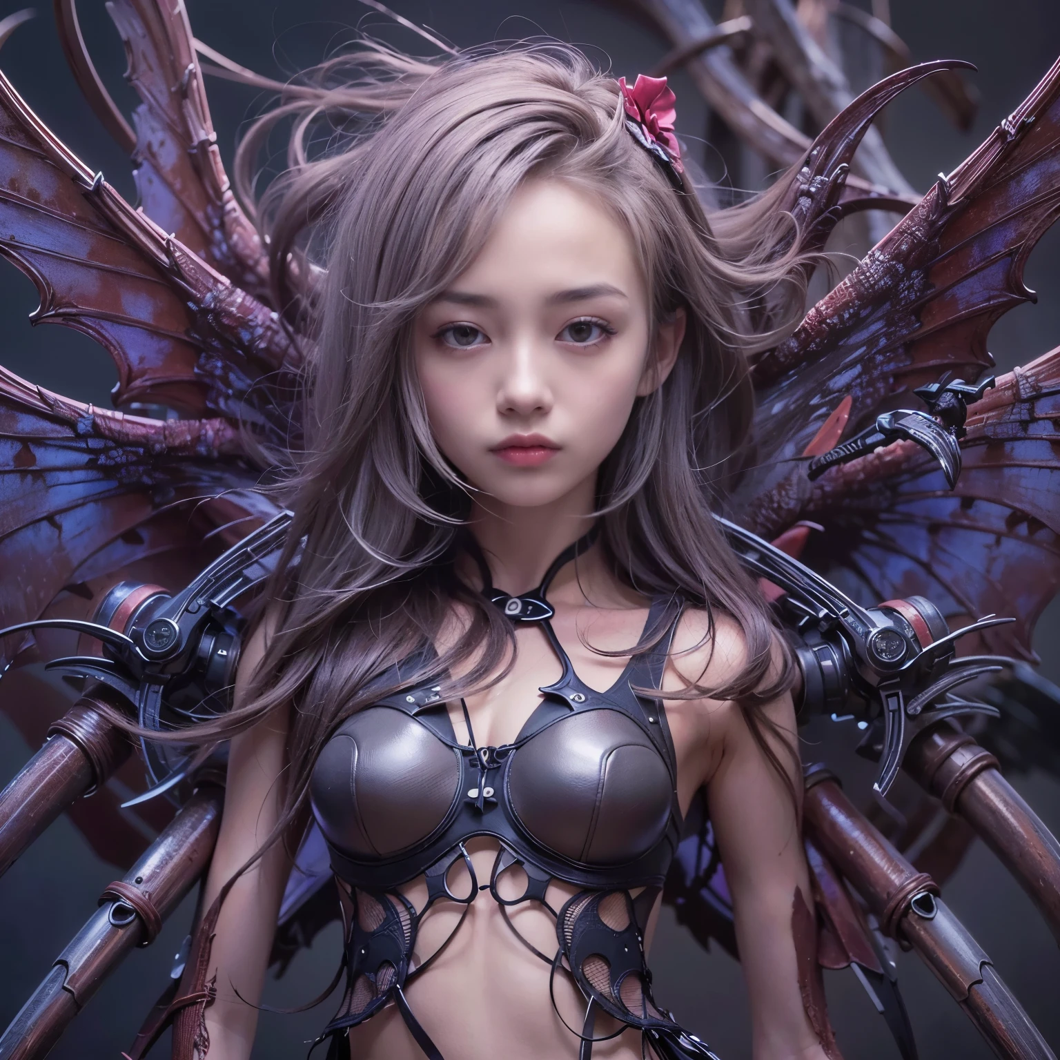 (best quality,ultra-detailed,realistic,masterpiece:1.2),girl with beautiful detailed eyes and lips in the upper body, body of a spider in the lower body, wings of a bat, partially mechanical elements, 16 years old, vibrant colors, detailed rendering of the girl's hair flowing in the wind, realistic textures on the spider body, surreal lighting highlighting the mechanical parts, haunting atmosphere, dark and mysterious background