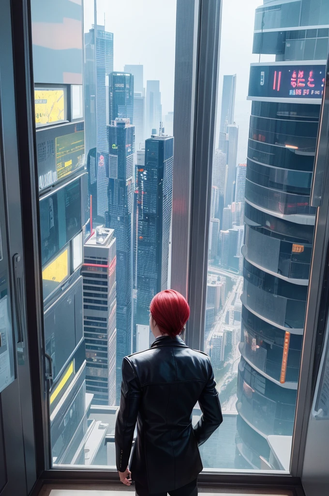 A room with a view of a sci-fi high room. Noite com chuva. Inspirado em Cyberpunk 2077 e BladeRunner 2049.