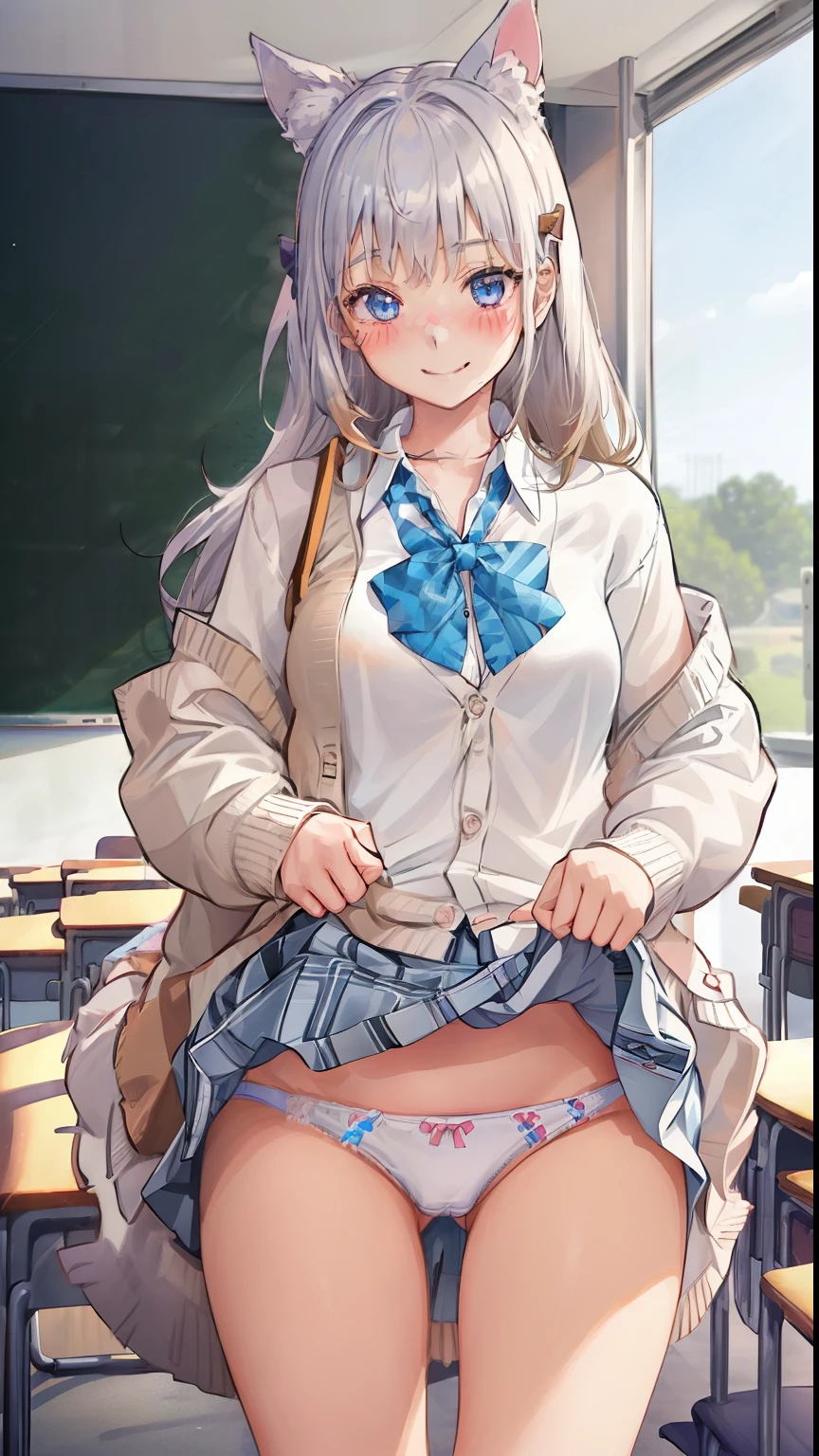 ((1 girl:1.5))、(smile:1.5)、、（cowboy shot）、(fun!!)、(white cardigan:1.5)、(dog ears)、(silver hair)、(blush:1.5)、(long hair)、(eye highlights:1.3)、blake black shoes,(黒いskirt:1.5)、bow, button, shirt with collar, long sleeve,  ((red bow tie, ,, white shirt, チェック柄のskirt:1.5、white socks)),, shirt,, skirt, socks, thighs, white shirt, Rest indoors, ((classroom:1.5))、 BREAK while watching the audience、 (perfect hands, perfect anatomy),cowboy shot、(skirtlift:1.3),(highly detailed white panties:1.3)、(highly detailed panties:1.3)、、(skirt that rolls up:1.3)、(fully exposed panties:1.5)、light blue eyes